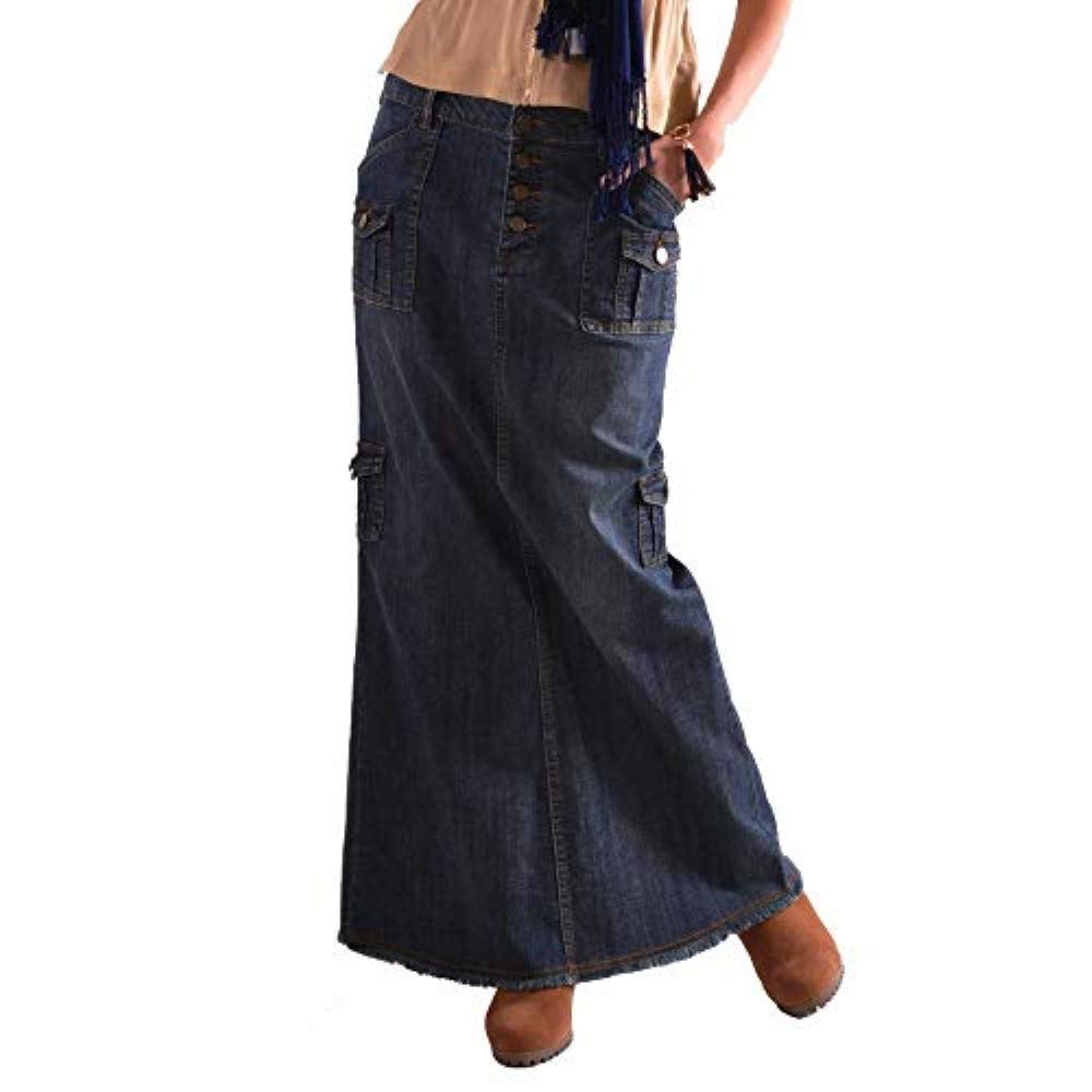 iYYVV Women's High Waist Button Pocket Fishtail Denim Maxi Skirt - Stylish Long Flared Denim Skirt for Casual Outings, Date Nights & Summer Fashion