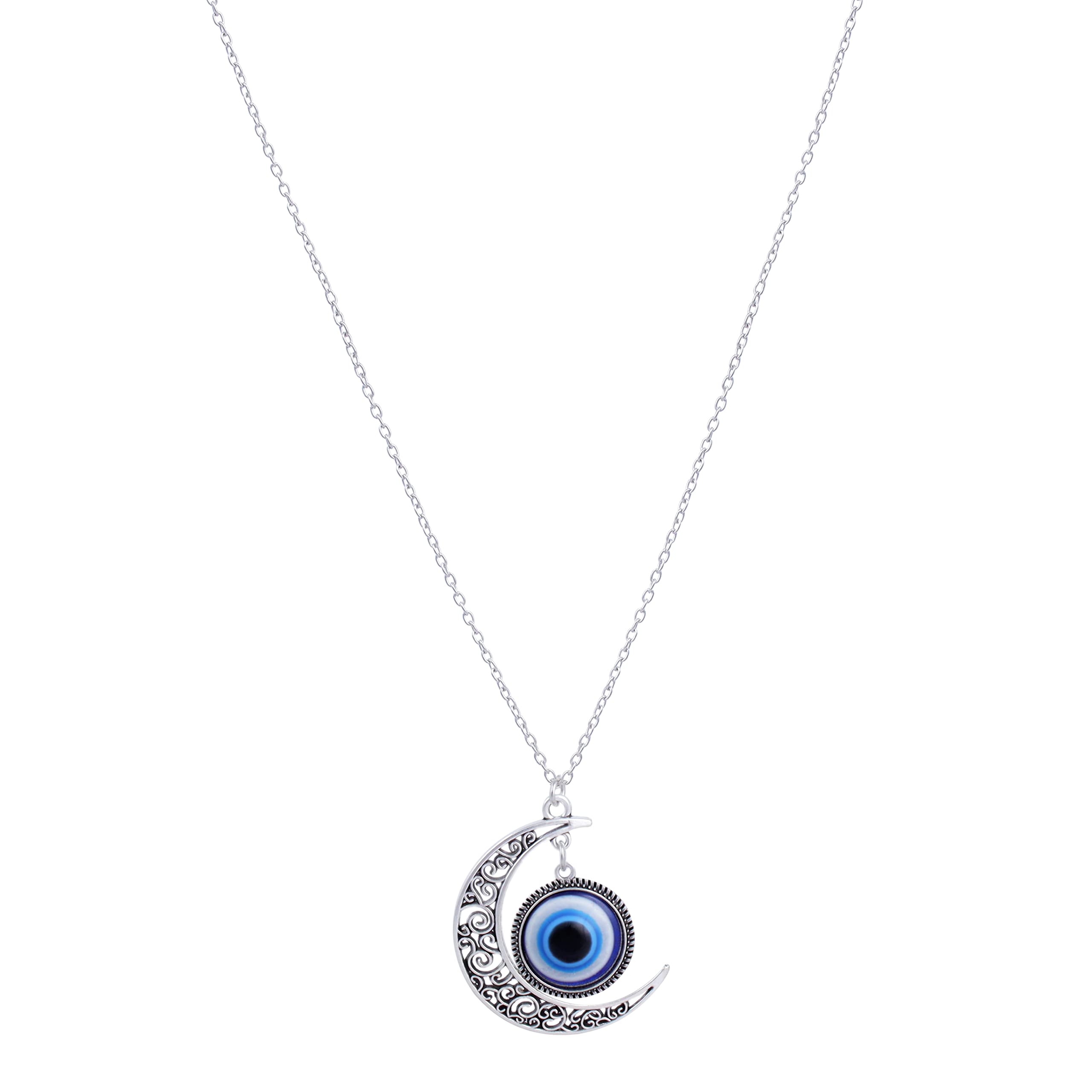 Exclusive Moon Evil Eye Silver Plated Chain Necklace for Women, Men & Teens - Fashion Jewelry Gift for Birthday, Party & Everyday Wear