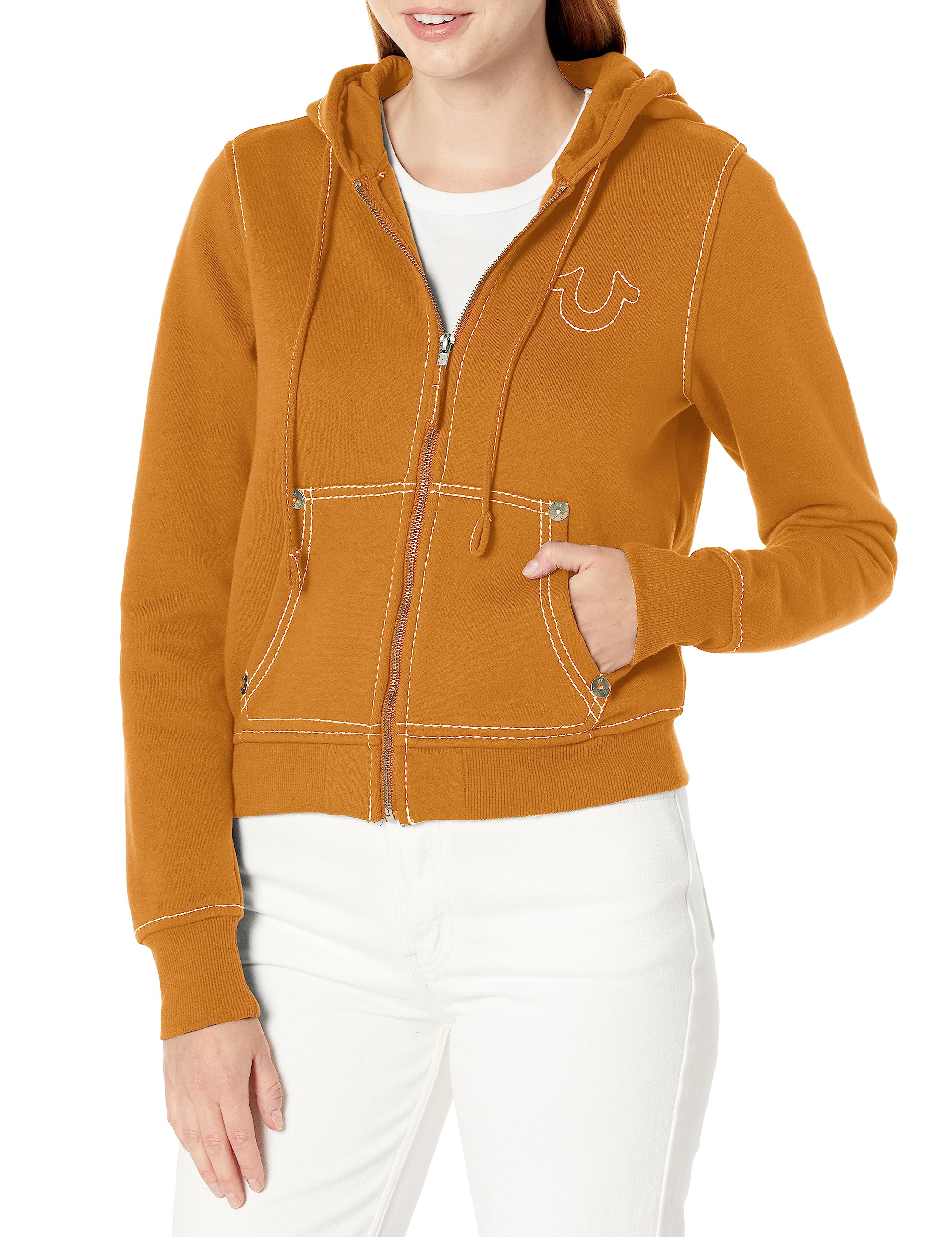 True Religion Women's Big T Classic Zip Hoodie - Soft Fleece Pullover with Front Pockets for Casual Wear & Lounge