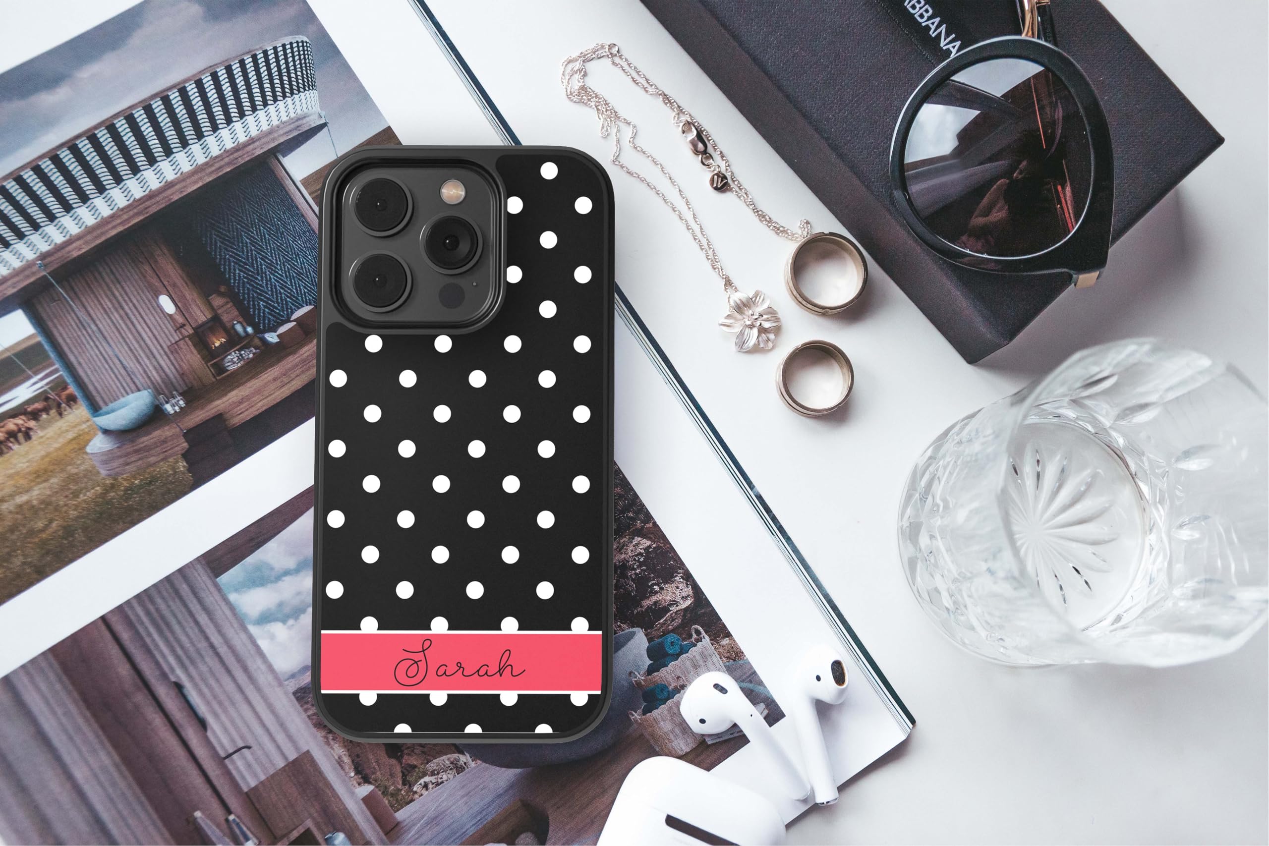 Custom Polka Dot Black White Red Rubber Phone Case for Apple iPhone 16/15/14/13/12 Pro Max Plus & 11/X/8/7 Plus - Durable Protective Cover for Everyday Use, Work & Travel