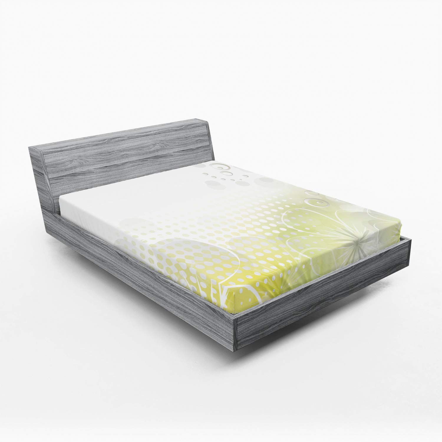 Ambesonne Queen Size Fitted Sheet - Abstract Grunge Water Bubbles & Flowers Design in Pale Yellow & Grey | Deep Pocket Elastic All Around | Soft Bed Cover for Comfortable Sleep | Perfect for Guest Rooms, Dorms & Cozy Bedrooms