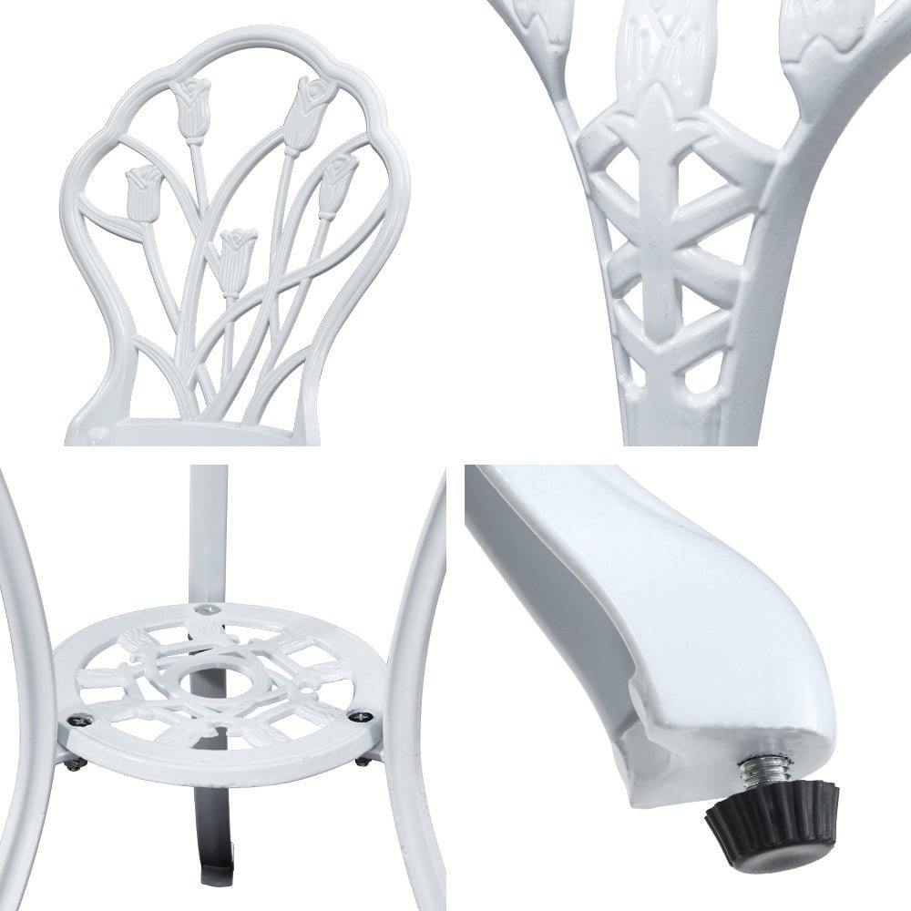 3-Piece Outdoor Bistro Set - White Tulip Cast Aluminum Patio Table and Chairs for Garden, Balcony & Backyard Dining | Weather-Resistant Patio Furniture