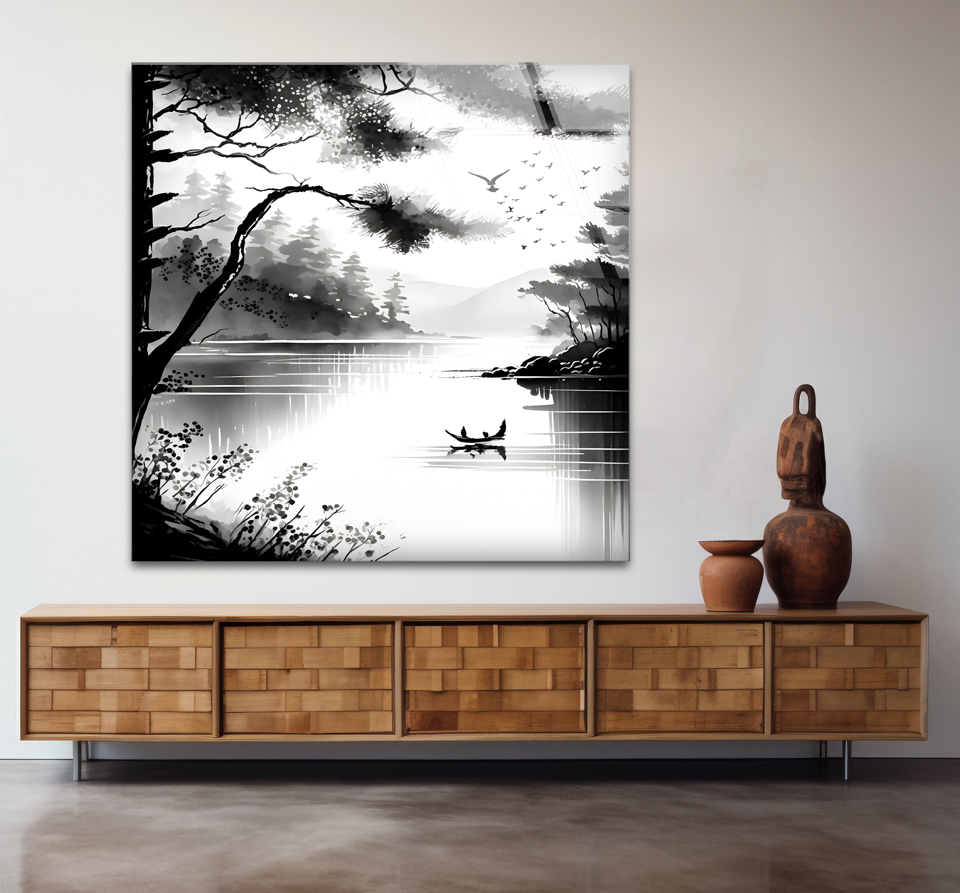 Stunning Black and White Lake View Glass Wall Art - Modern Home Decor for Living Room, Bedroom & Office - Perfect for Nature Lovers & Interior Design