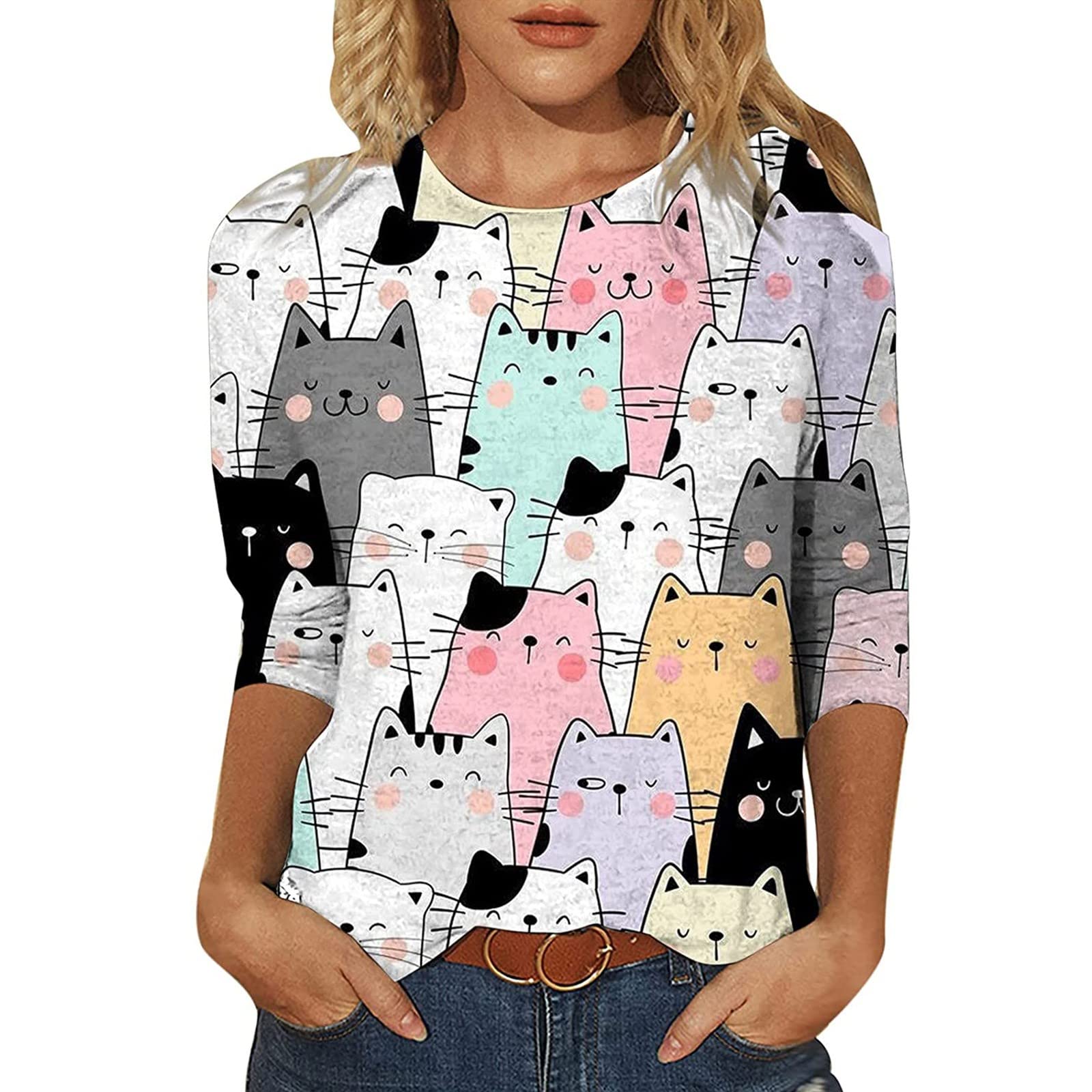 Women's Summer Crew Neck Cat Print T-Shirt - Soft Comfortable Casual Fit Tunic Tee for Women | Perfect for Everyday Wear, Outings & Relaxing