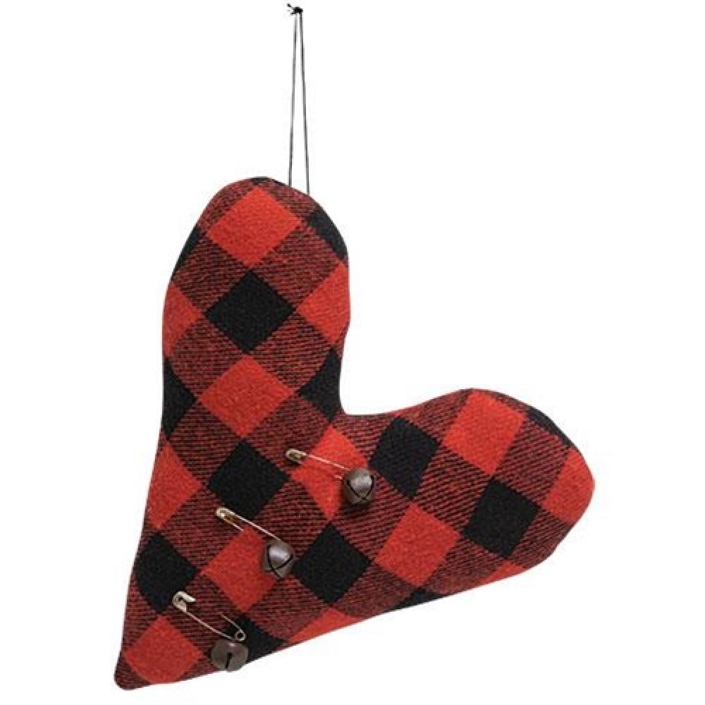 Red & Black Buffalo Check Felt Heart Pillow Ornament with Rusty Jingle Bells - Christmas Tree Decor, Holiday Home Decoration, Rustic Farmhouse Gift