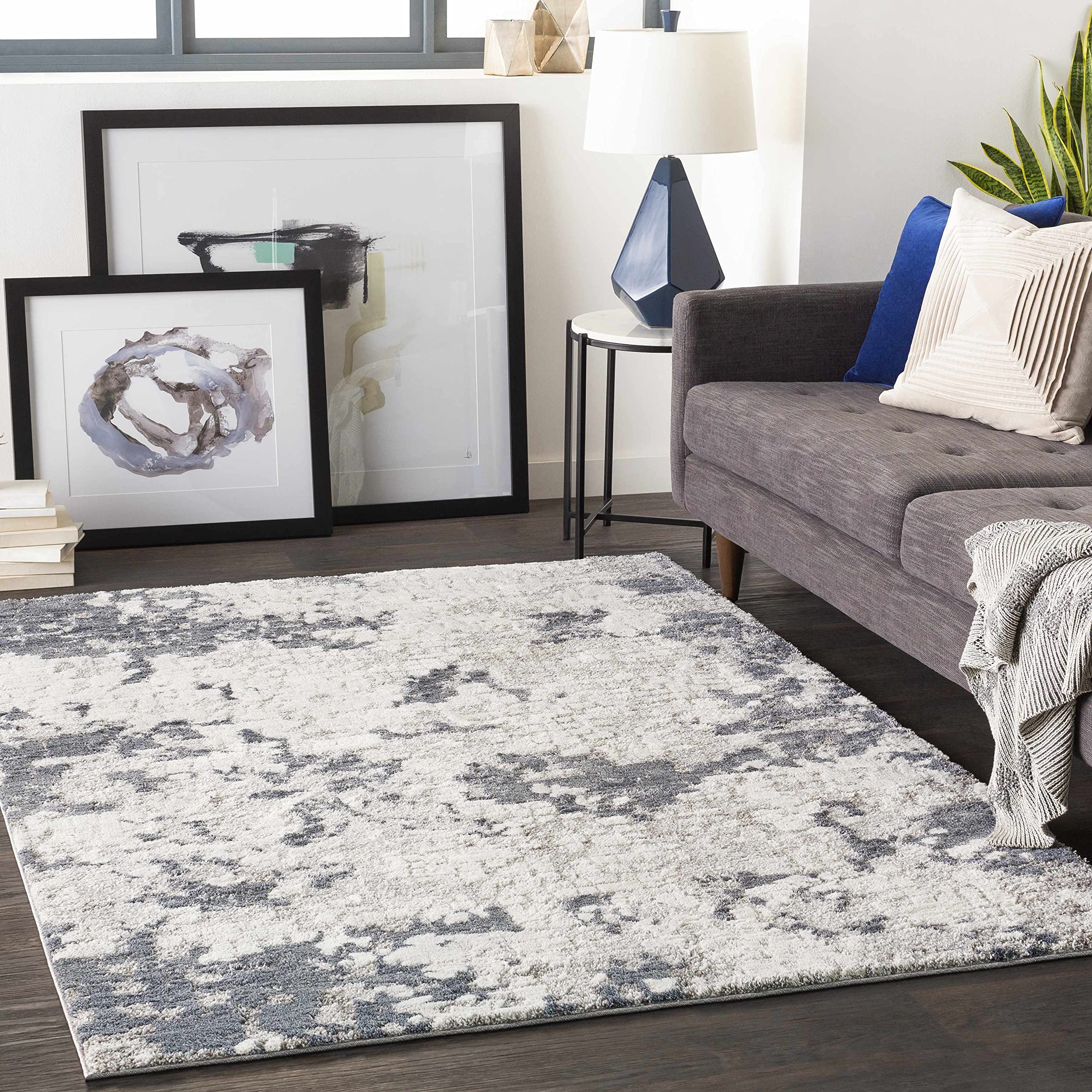 Hauteloom Modern High Pile Area Rug for Living Room & Bedroom - Soft Round Carpet in Blue, Gray, Ivory - 7'10