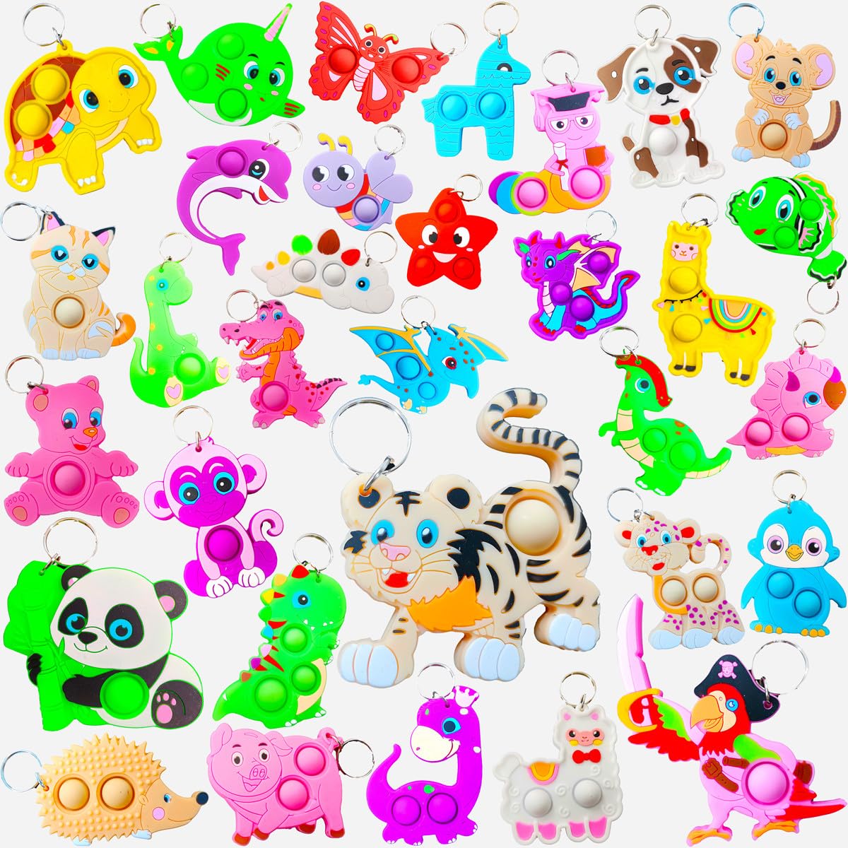 32 Pack Bulk Animal Fidget Keychain Backpack Decor - Mini Pop Sensory Toys for Students, Party Favors (Dog, Dinosaur, Turtle Shapes) - Perfect for Classroom Rewards, Birthday Gifts & Stress Relief