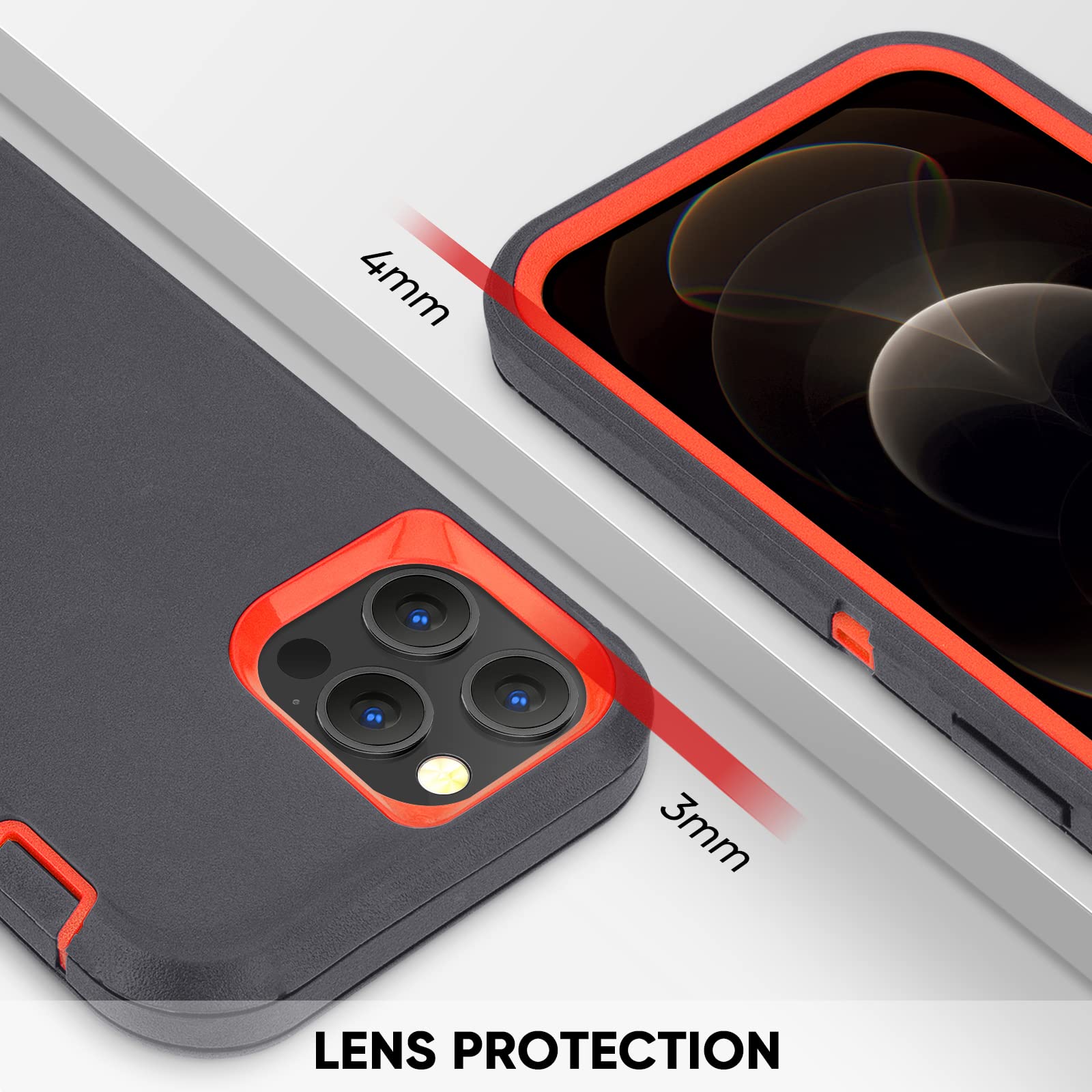 MAXCURY Heavy Duty Shockproof iPhone 12 Pro Max Case - 6.7 Inch 3-Layer Full Body Protection Cover with Silicone Rubber Bumper for Men & Women (Black/Orange) - Perfect for Outdoor, Work & Extreme Sports Protection