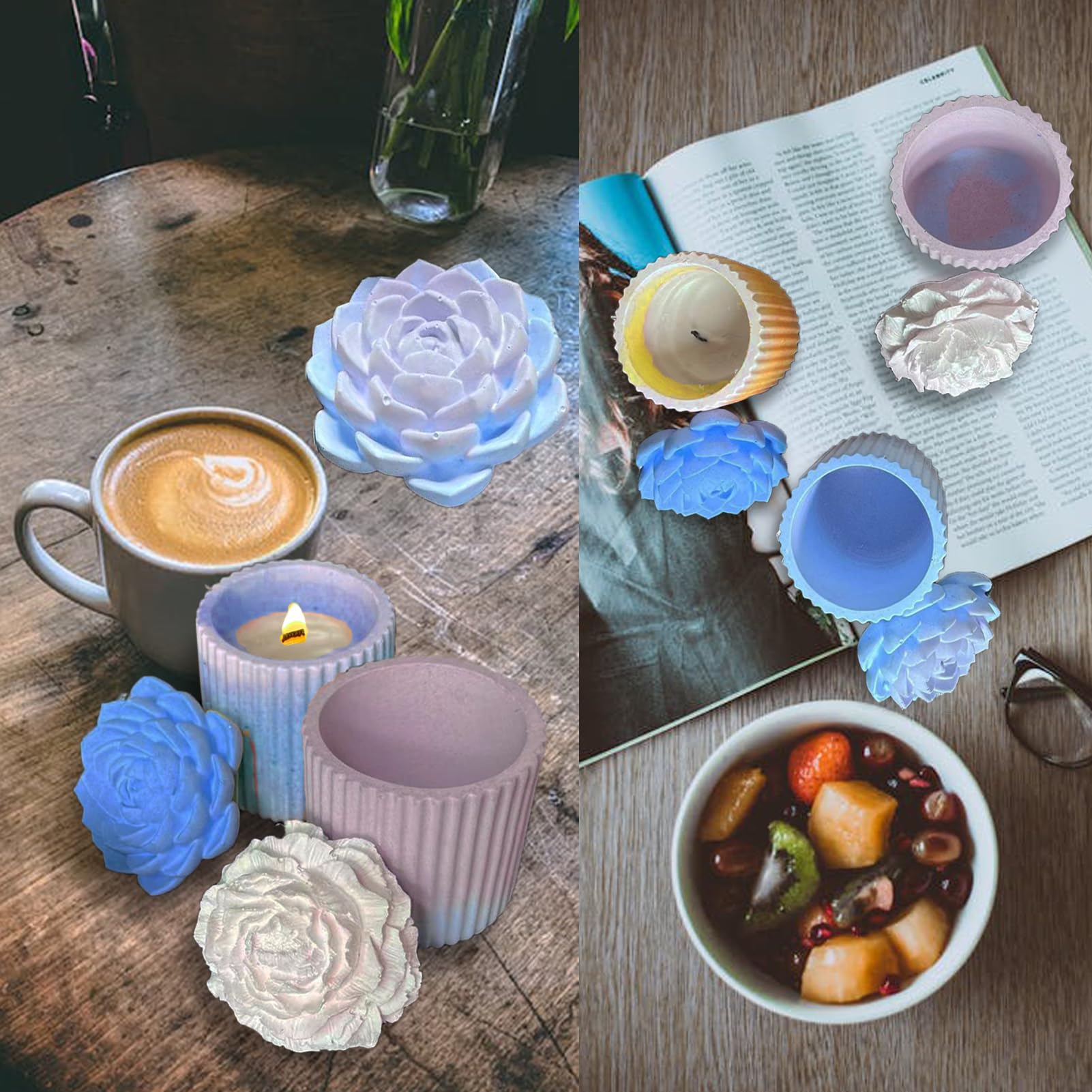 Succulent & Peony Flower Candle Soap Silicone Mold Set - Concrete Candle Molds for DIY Candle Making, Jar Lid Molds with Floral Designs - Perfect for Home Decor, Wedding Favors, and Handmade Gifts