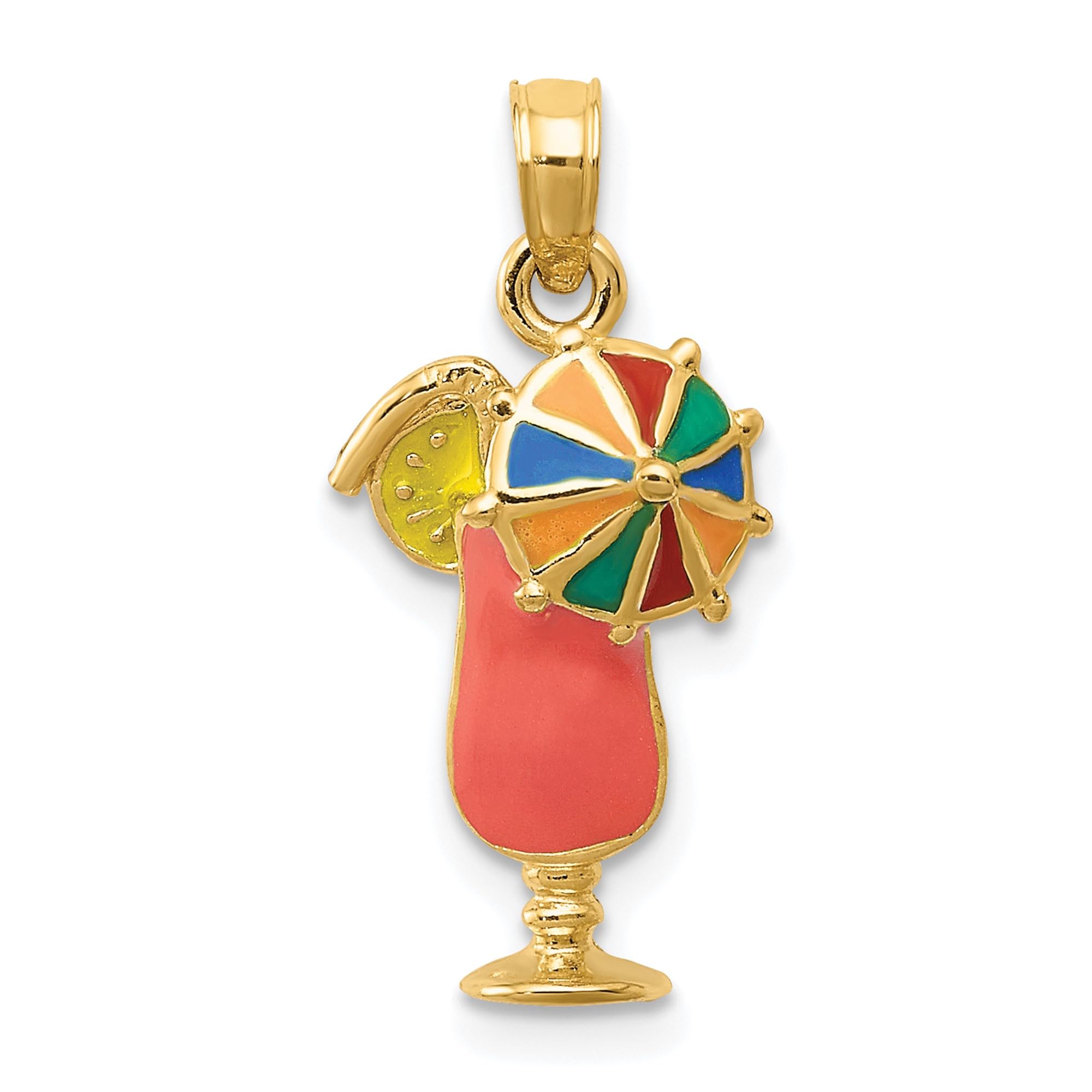14K Solid Yellow Gold Pink Tropical Drink Necklace - Dainty Cocktail Pendant Charm for Women - Perfect for Beach Parties, Summer Vacations & Tropical Themed Events