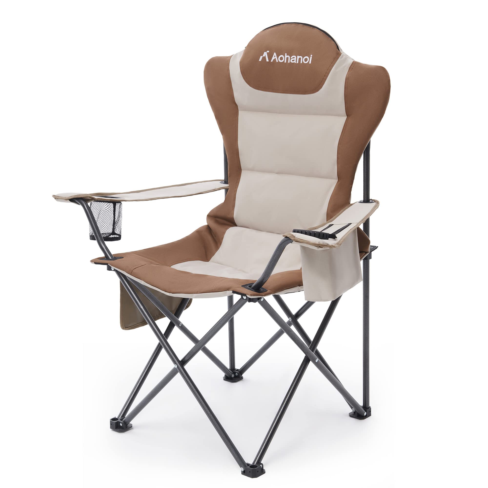 Heavy Duty Camping Chairs for Adults 300lbs - Portable Folding Outdoor Chairs with Cup Holder & Cooler Bag - Durable Khaki Camping Chair for Backyard, Beach, Fishing, Hiking & Picnics