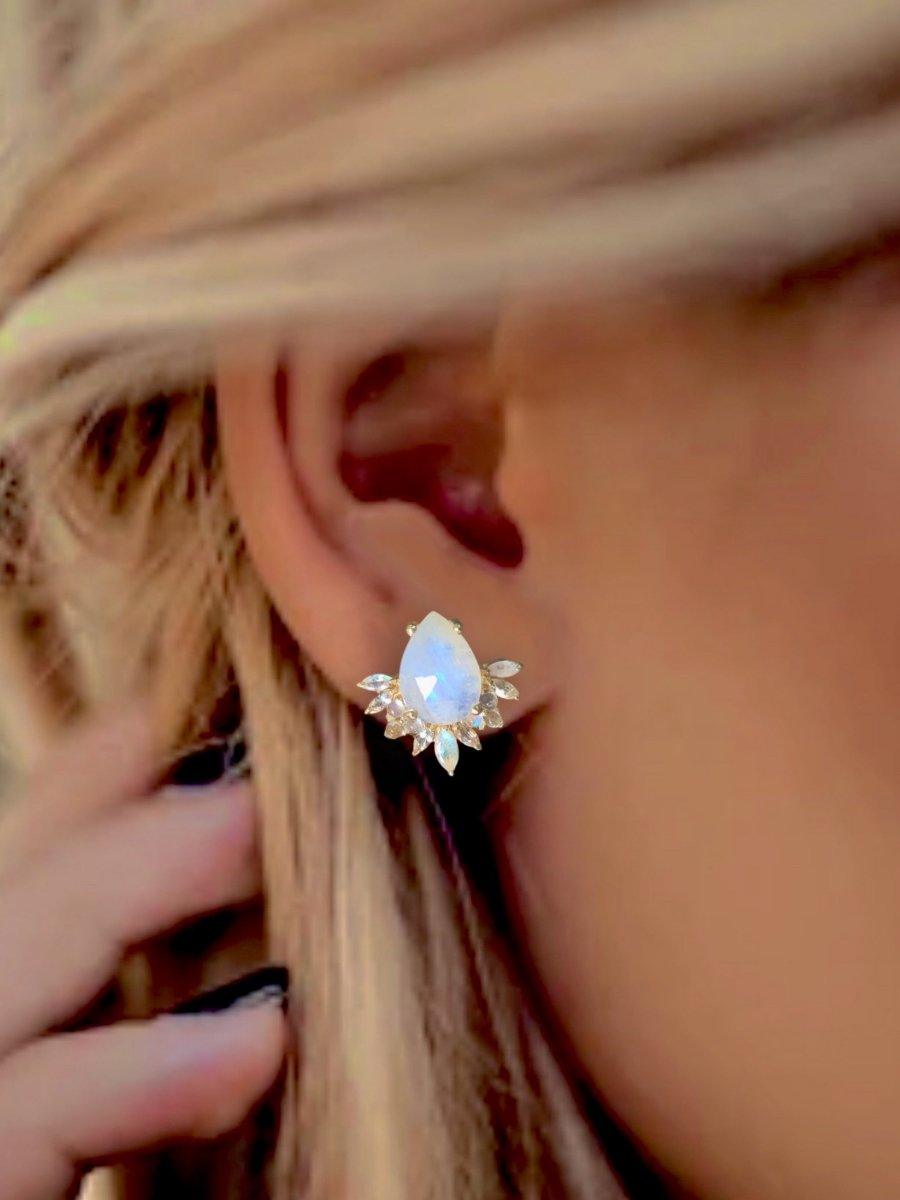 Laihas Gold Crystal Topaz and Moonstone Stud Earrings for Women – Elegant Tear Drop Design, Perfect for Weddings, Parties & Evening Events
