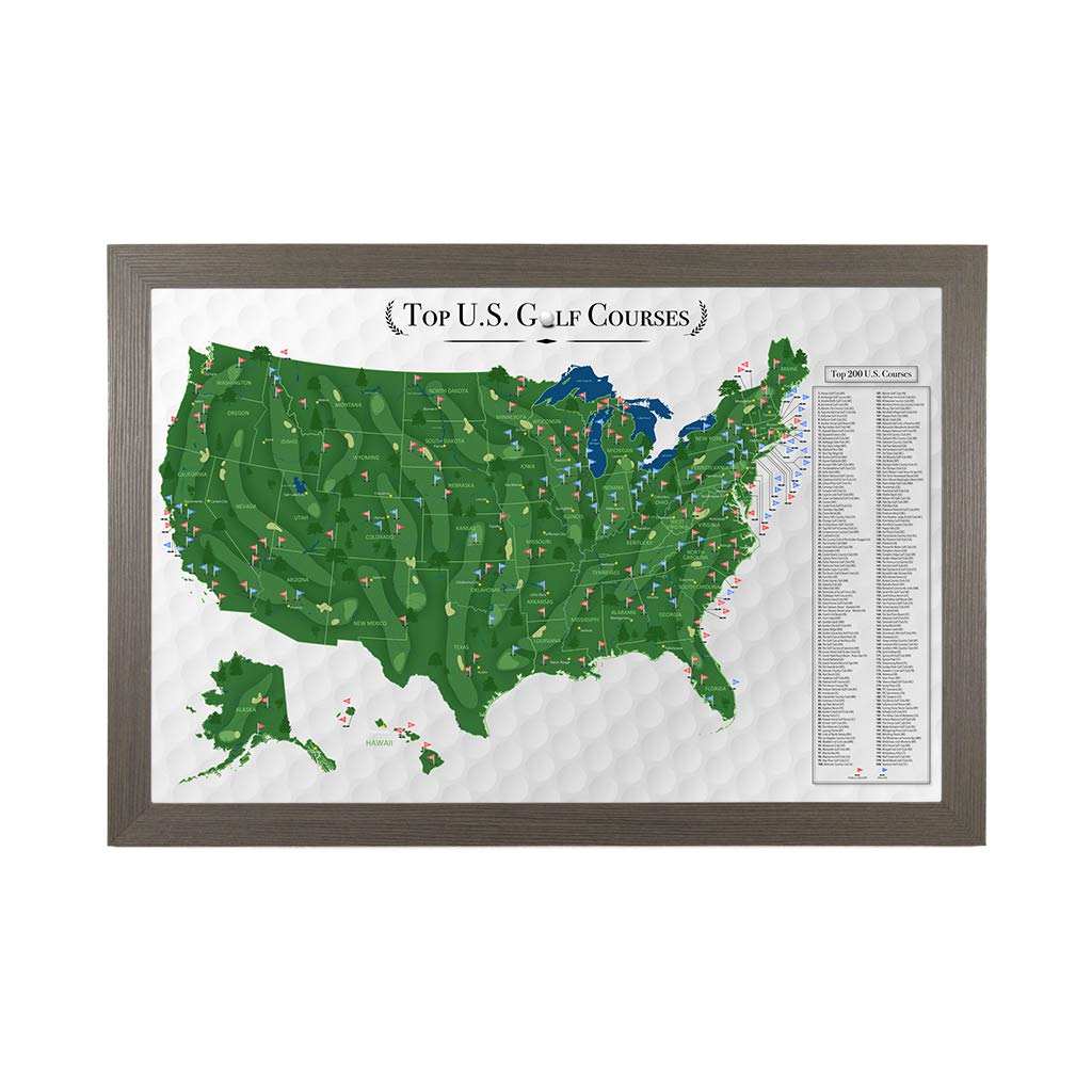 Custom Push Pin Travel Map of Top Golf Courses in USA - Handcrafted Barnwood Gray Framed Wall Art with 150 Pins - 27.5