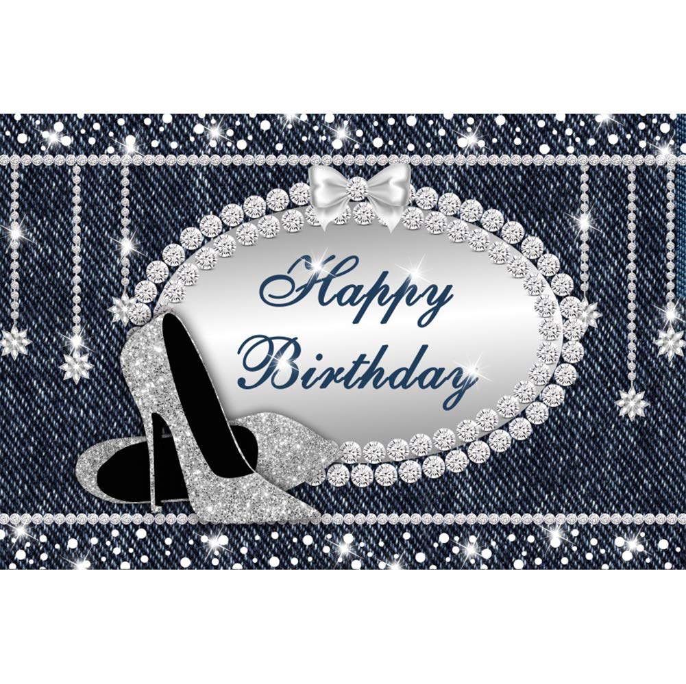 Yeele 10x8ft Vinyl Happy Birthday Party Backdrop - Denim & Diamonds Crystal Shoes Theme Photo Background for Women's Birthday, Photography Studio Props | Perfect for Photo Booth, Ladies Party Decorations & Social Media Shoot