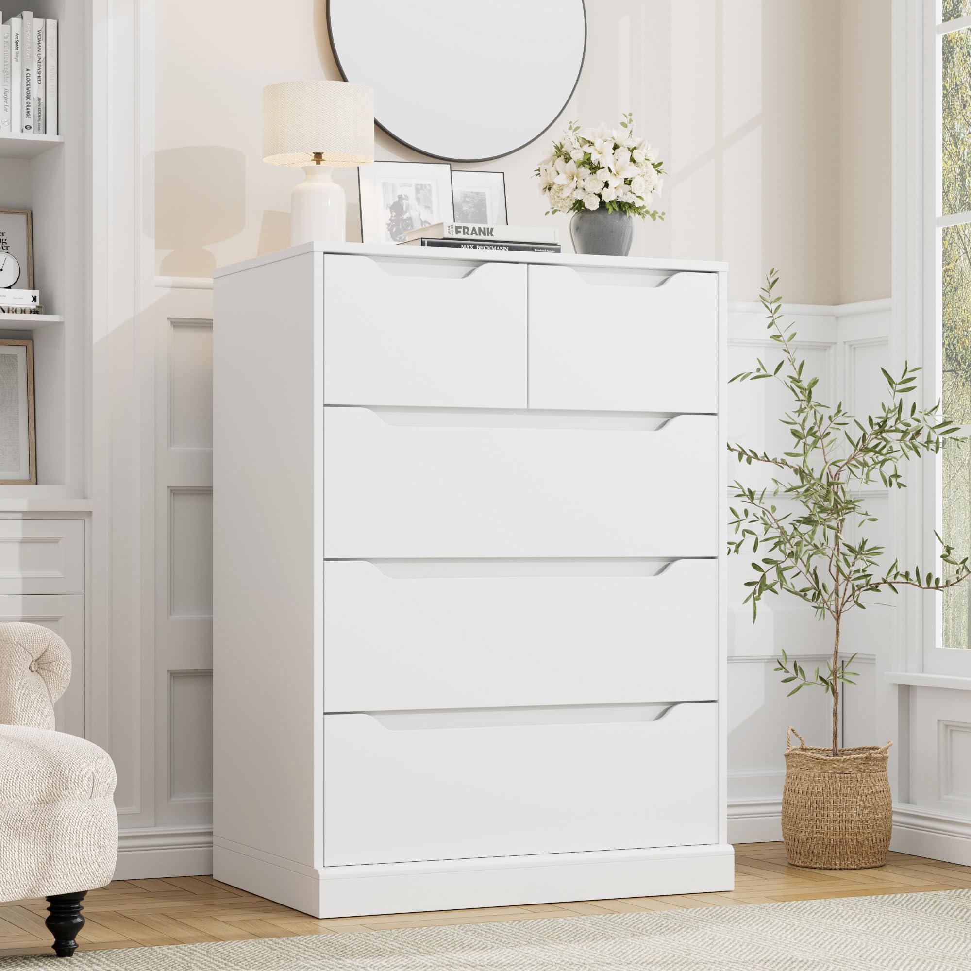 Modern 5-Drawer Dresser for Bedroom & Living Room - White Wood Storage Chest with Cut-Out Handles - Space-Saving Organizer for Clothes, Toys & Home Essentials - Perfect for Bedroom, Entryway, Hallway or Nursery Organization