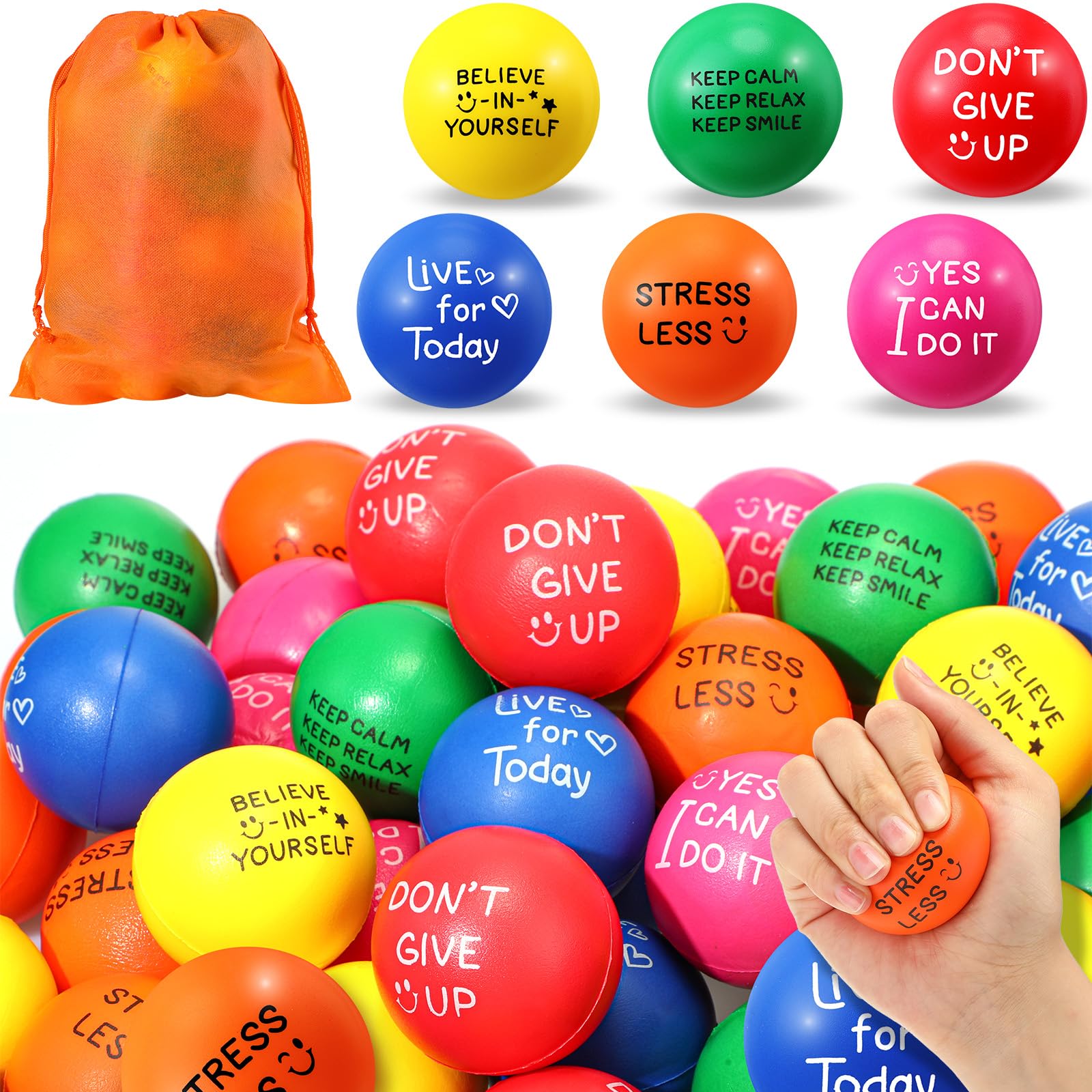 Jenaai 200-Pack Motivational Stress Relief Balls - 1.97 Inch Anxiety Relief Foam Balls with Inspirational Quotes, Bulk Stress Toys for Adults in Assorted Colors (Includes Drawstring Bag) - Perfect for Office, Classroom, Therapy & Home Stress Management