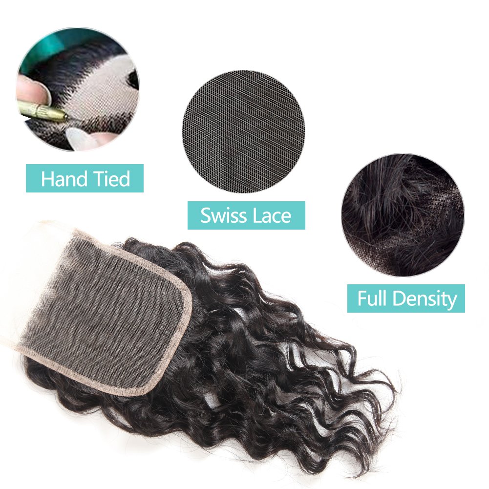 UDU 9A Brazilian Virgin Human Hair Bundles with Closure - Water Wave Curly Hair Extensions, 100% Natural Black, 50g/Bundle (8 8 8+8Closure) for Stunning Beach Waves & Everyday Glamorous Look