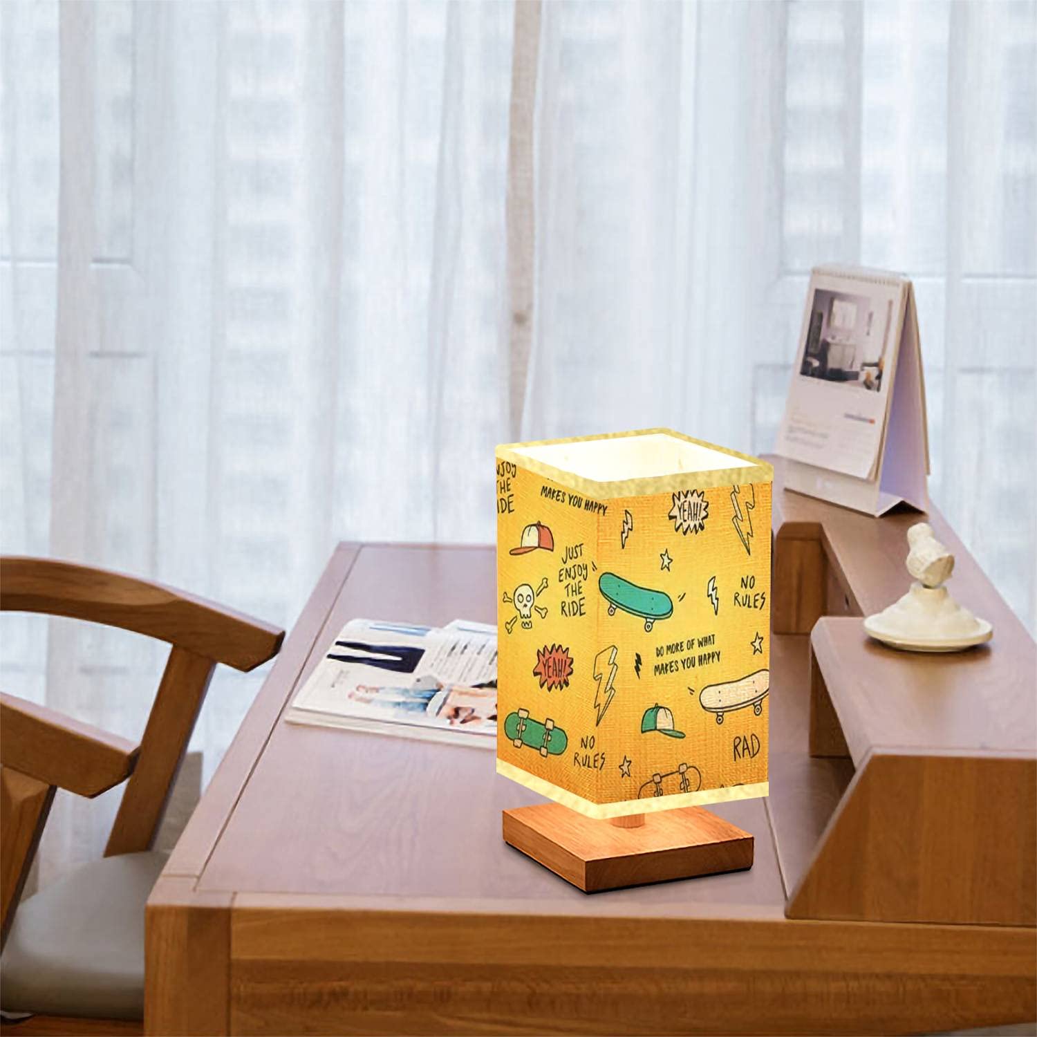 Hand-Painted Skateboard Design Dimmable Nightstand Lamp - Wooden Base with Flaxen Fabric Shade for Bedroom & Living Room | Perfect for Skate Enthusiasts' Home Decor