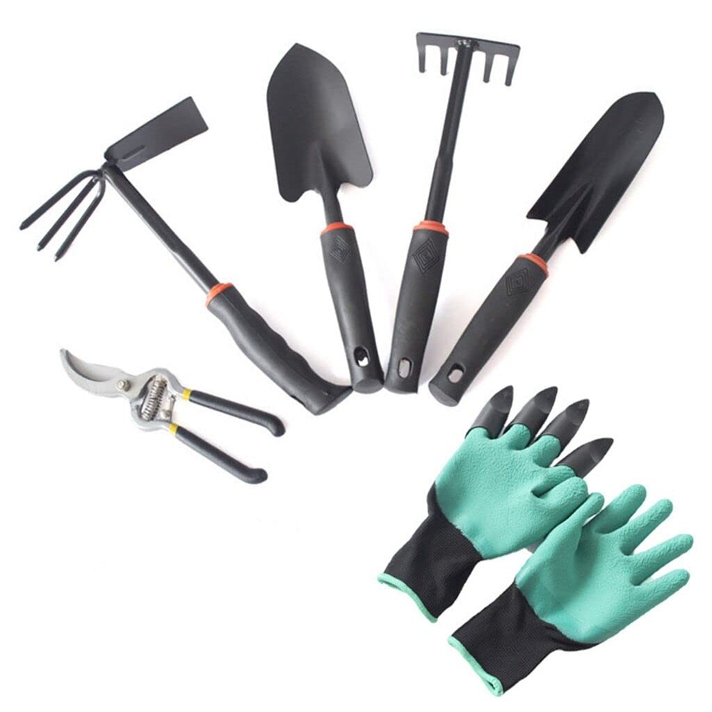 Premium 6-Piece Gardening Tool Set - Ergonomic Shovel, Hand Rake, Dual-Purpose Hoe, Pruning Shears & Anti-Slip Gloves for Planting, Weeding & Landscaping - Durable Black Rubber Grip Outdoor Garden Tools