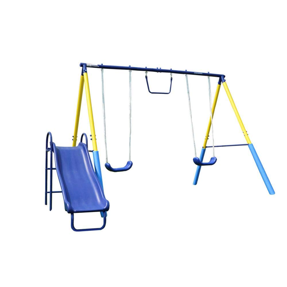 Sportspower My First Metal Swing Set with Slide - Outdoor Playset for Kids, Blue & Yellow, Max 4 Children | Perfect for Backyard, Park & Playground Fun