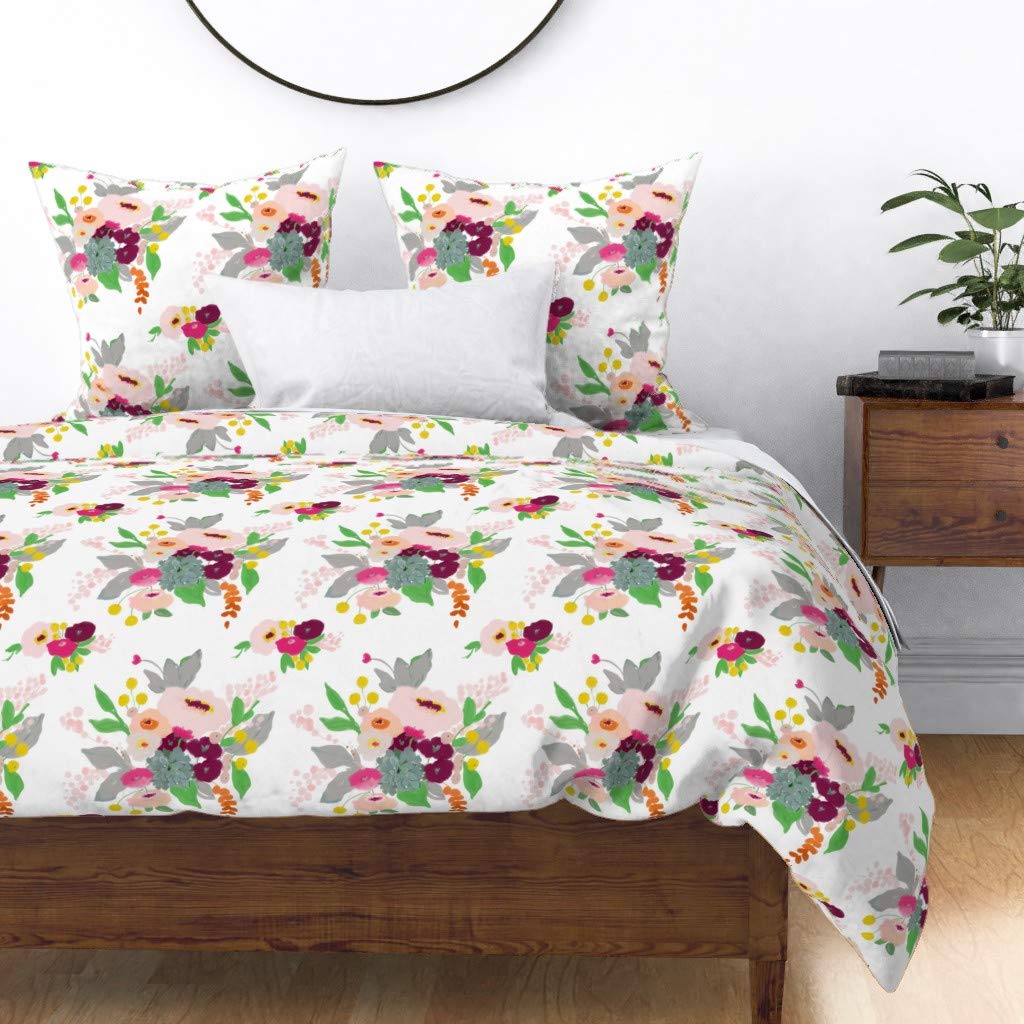 Soft Cotton Sateen Duvet Cover Twin Size - Watercolor Floral Design with Pink Spring Bouquet & Succulent Print | Custom Bedding by Spoonflower | Perfect for Guest Rooms, Dorm Decor & Cozy Bedroom Makeovers
