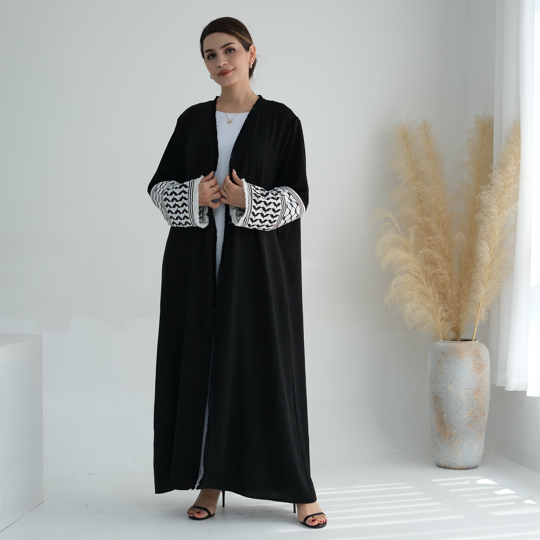 Elegant Black Kufiya Open Abaya Set - Modest Muslim Prayer Dress for Women | Perfect for Eid, Ramadan & Special Occasions