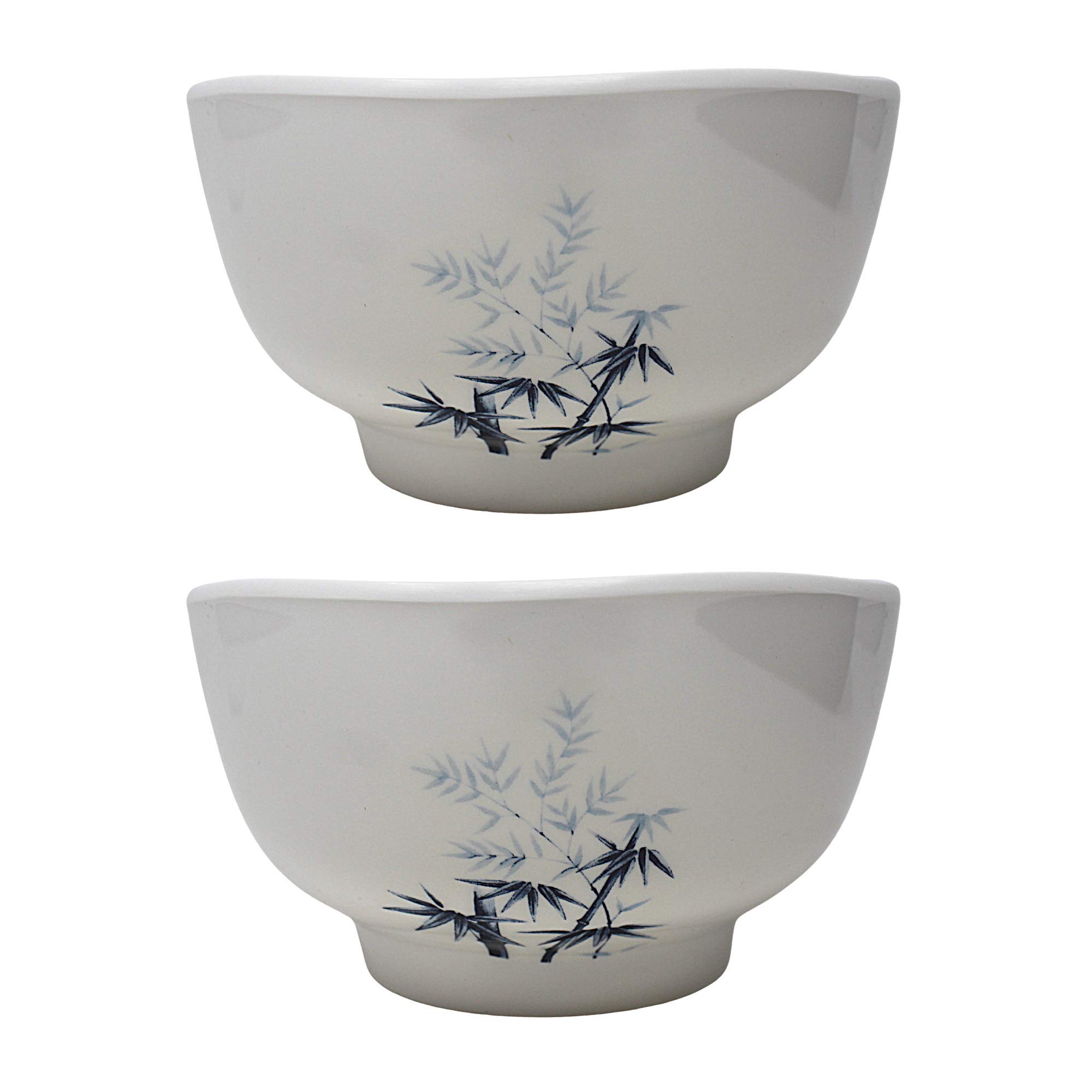 Needzo 4.5-Inch White Plastic Rice Bowls with Blue Bamboo Design - Japanese Style Snack Bowls, Set of 2 - Perfect for Sushi, Ramen, Cereal & Party Serving