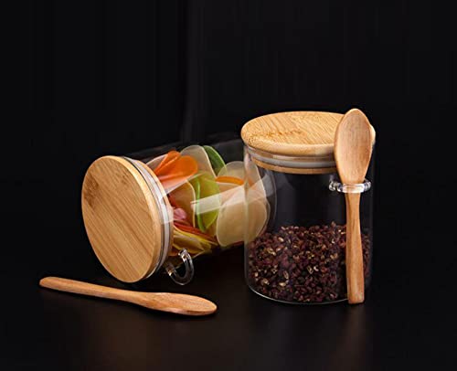 Premium Glass Sugar Bowl & Spice Jar with Wooden Lid & Spoon - Airtight Food Storage Container for Kitchen, Pantry, Coffee & Tea Station - Perfect for Sugar, Spices, Coffee, Tea & Baking Ingredients