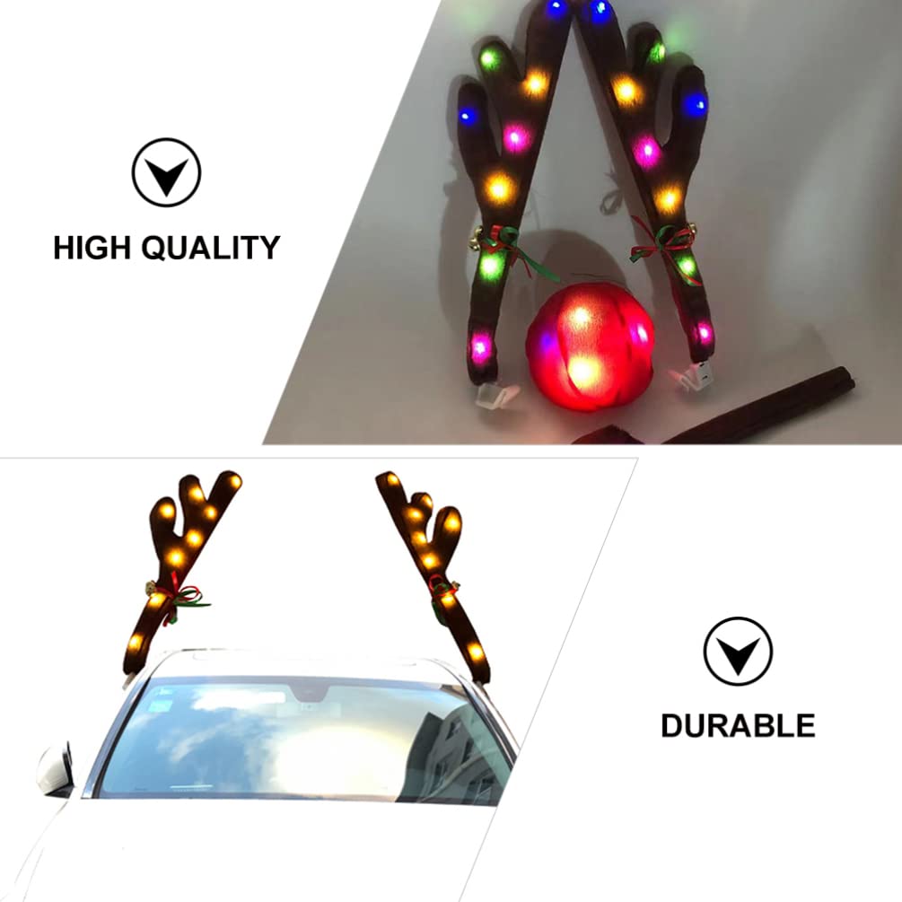 VICASKY LED Luminous Reindeer Antlers Car Decor - Christmas Roof Top Ornament with Red Nose & Plush Suit Kit for Auto Window Decoration | Perfect for Holiday Car Parades, Christmas Parties & Festive Family Road Trips