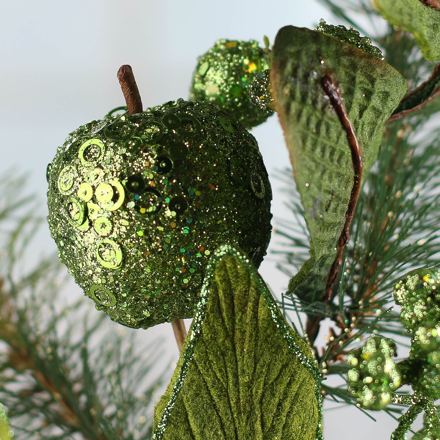 Wholesale Green Sparkling Velvet Artificial Poinsettia with Fruit Picks - Christmas Holiday Decorations, Wedding Centerpieces & Home Decorative Arrangements