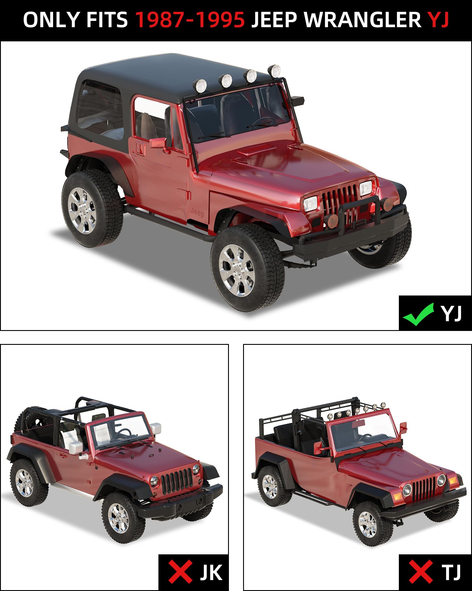 GARVEE 4-Piece Flat Front & Rear Fender Flares for 1987-1995 Jeep Wrangler YJ | Heavy Duty Metal Steel Wheel Liners | Textured Black Finish | Off-Road Protection & Style Upgrade