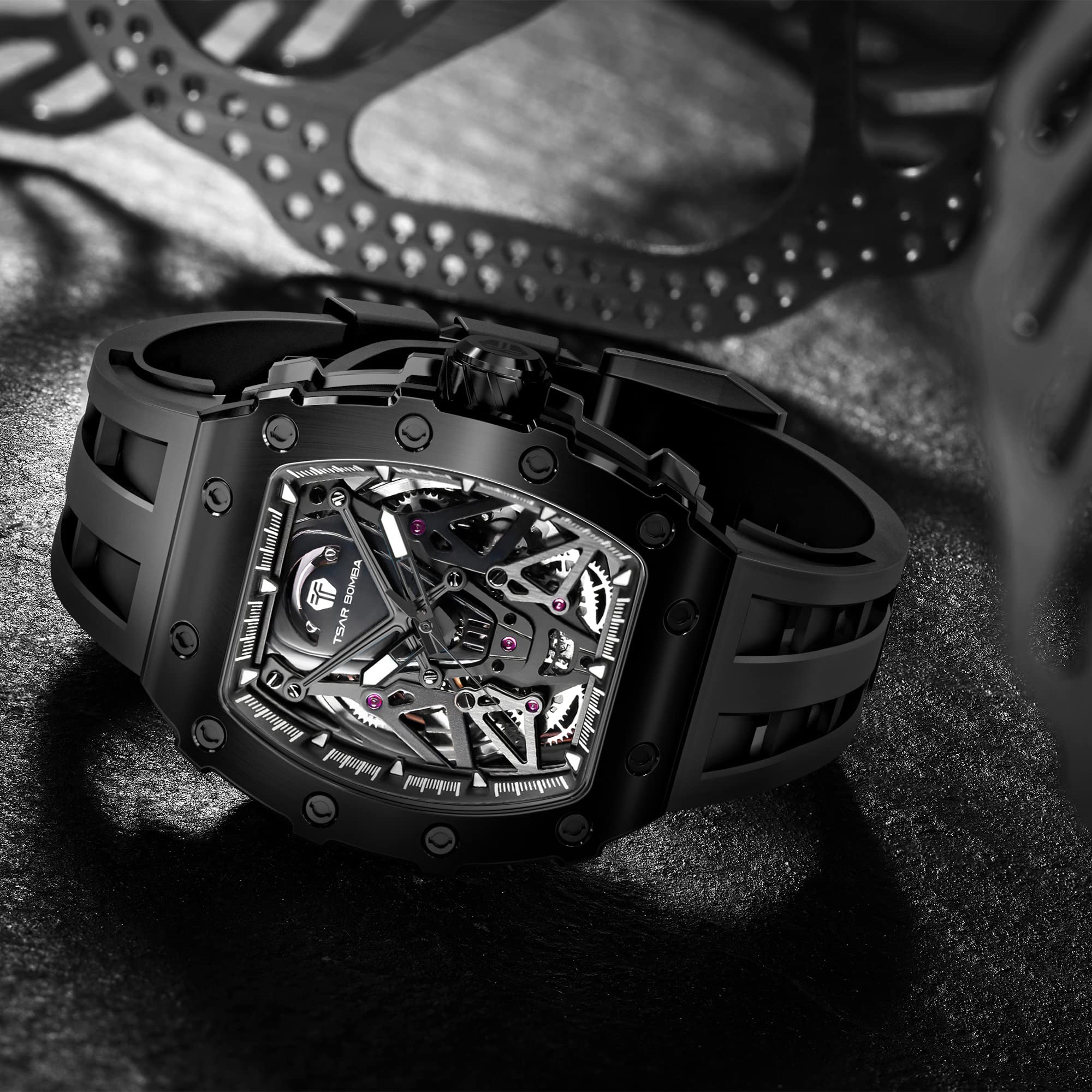TSAR BOMBA Men's Luxury Automatic Skeleton Watch - Silver Tonneau Square Big Face with Silicone Strap, 50M Waterproof Analog Watch for Business & Casual Wear - Perfect for Office, Date Night & Special Occasions