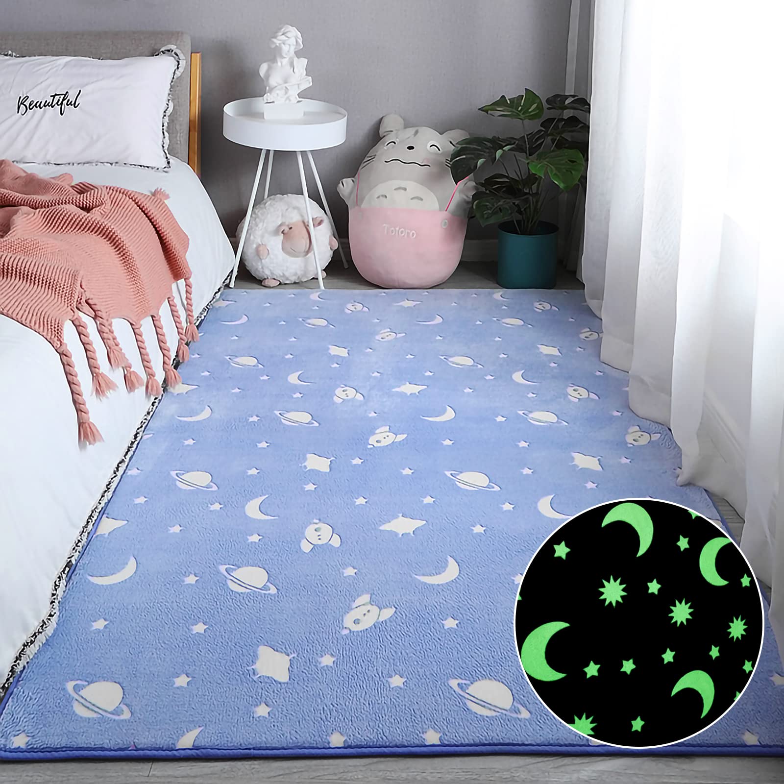 Eanpet Glow in The Dark Floor Mats - 5’ x 7’ Luminous Non-Slip Area Rug for Kids, Soft Play Mat for Crawling & Decorative Living Room/Bedroom Carpet - Blue Universe Design - Perfect for Nursery, Playroom & Nighttime Safety