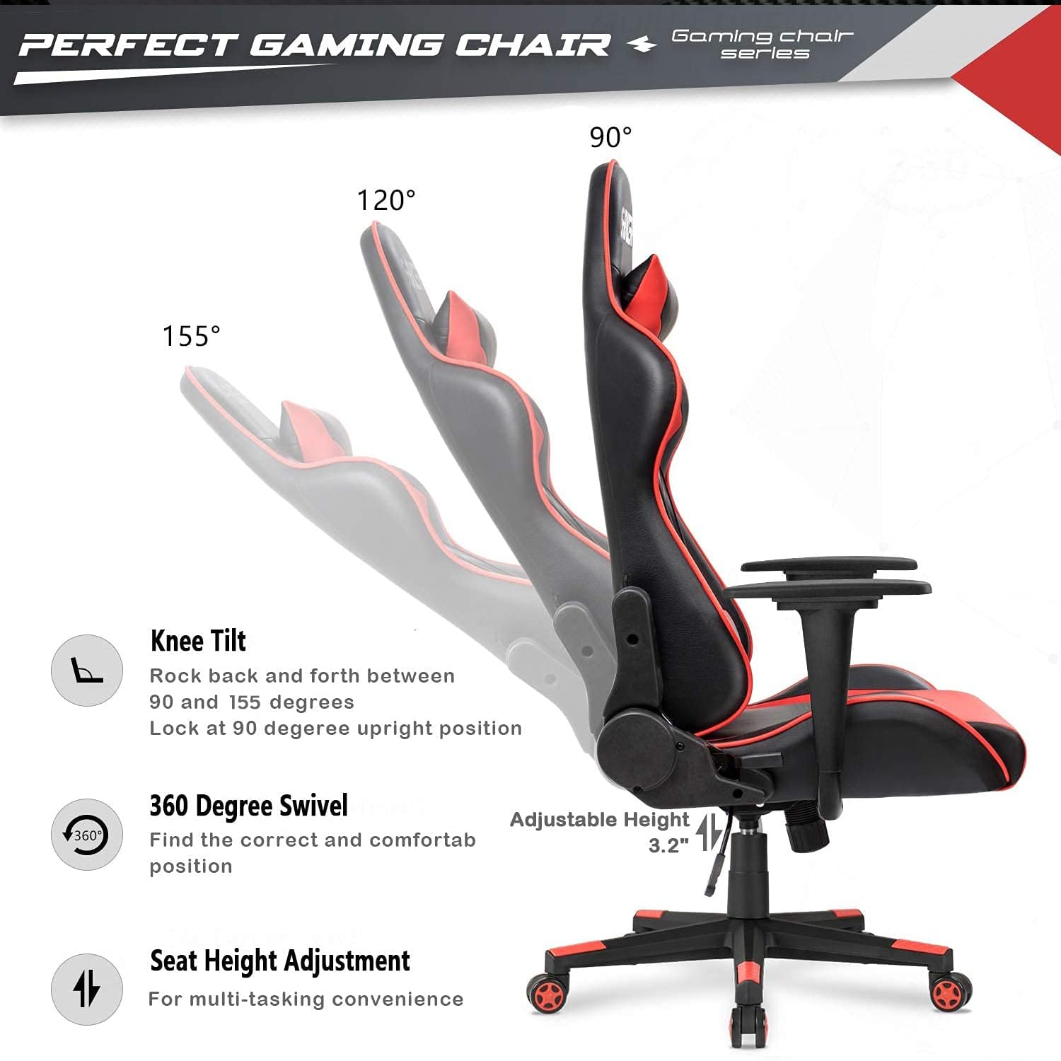 **Furniwell Ergonomic Gaming Chair - High Back Office Chair with Adjustable Headrest & Lumbar Support for PC, Computer Desk - Red - Perfect for Gaming, Work & Home Office**