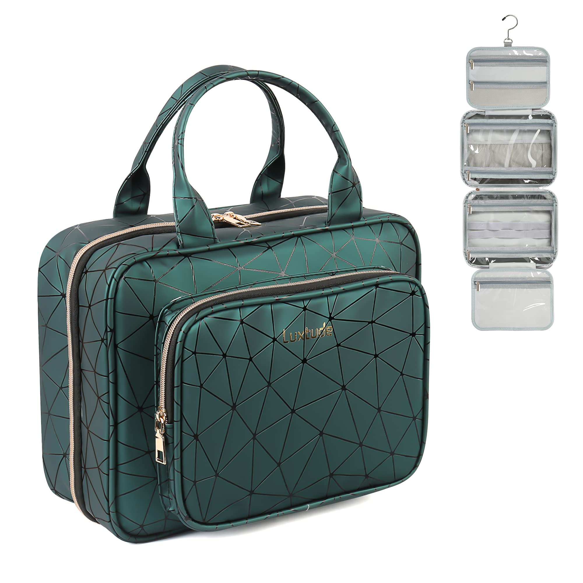 **Luxtude Waterproof Leather Hanging Toiletry Bag for Women - Large Travel Makeup Organizer with 360° Hook - Perfect for Bathroom, Shower, Gym & Cosmetic Storage**