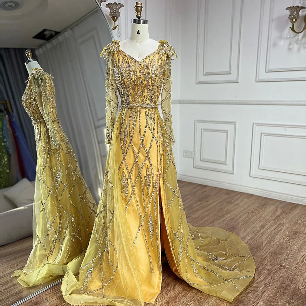 Luxury Dubai Evening Dresses for Women - Gold Beaded Mermaid Gown with Overskirt | Muslim Wedding Party Dress 2025 | Perfect for Formal Events, Red Carpet & Special Occasions