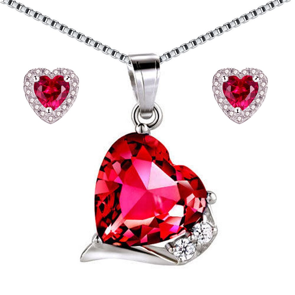 MABELLA Sterling Silver Jewelry Set with Simulated Ruby & Emerald - Elegant Pendant & Earrings Gift Set for Women | Perfect for Weddings, Anniversaries & Special Occasions