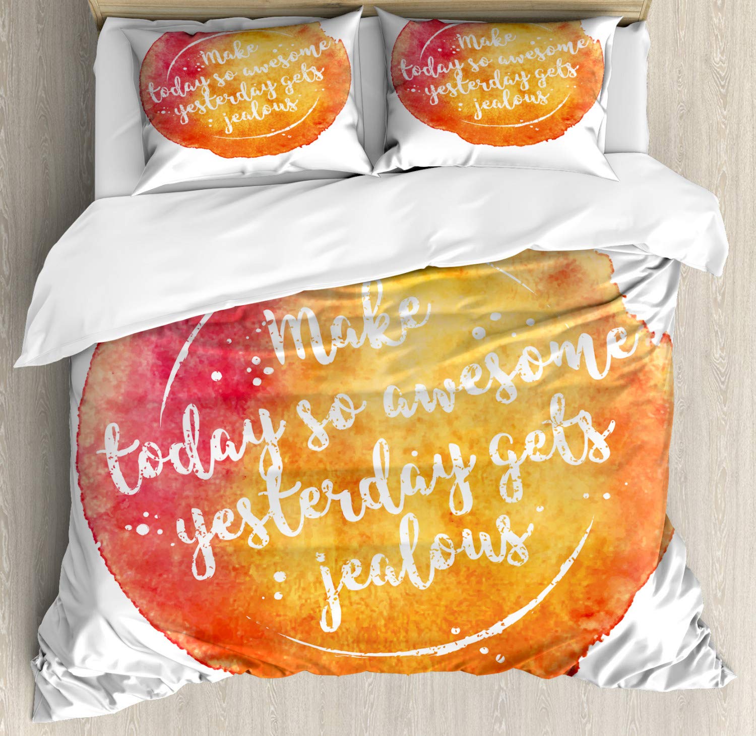 Ambesonne King Size Duvet Cover Set - 2 Pack with 4 Pillowcases, Grunge Style Vibrant Dark Coral Orange Yellow Design with Inspirational Message for Happiness | Perfect for Master Bedroom, Guest Room & Bohemian Home Decor