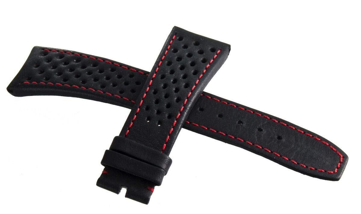 22mm Black Leather Watch Band with Red Stitching - Replacement Strap for TO9618 & Similar Watches | Perfect for Business, Casual & Formal Occasions