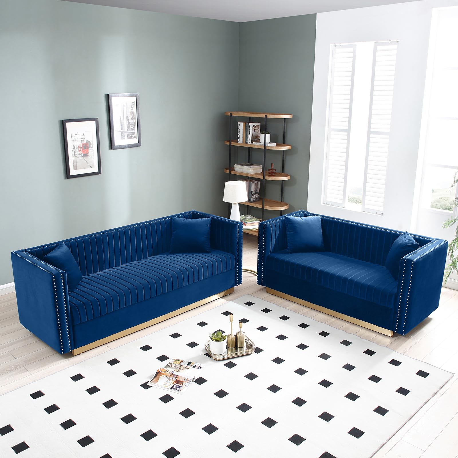 KIVENJAJA 2-Piece Velvet Sofa Set - Modern Channel Tufted Loveseat & Couch with 4 Pillows, Nailhead Trim & Gold Base in Navy Blue - Perfect for Living Room, Lounge & Small Spaces