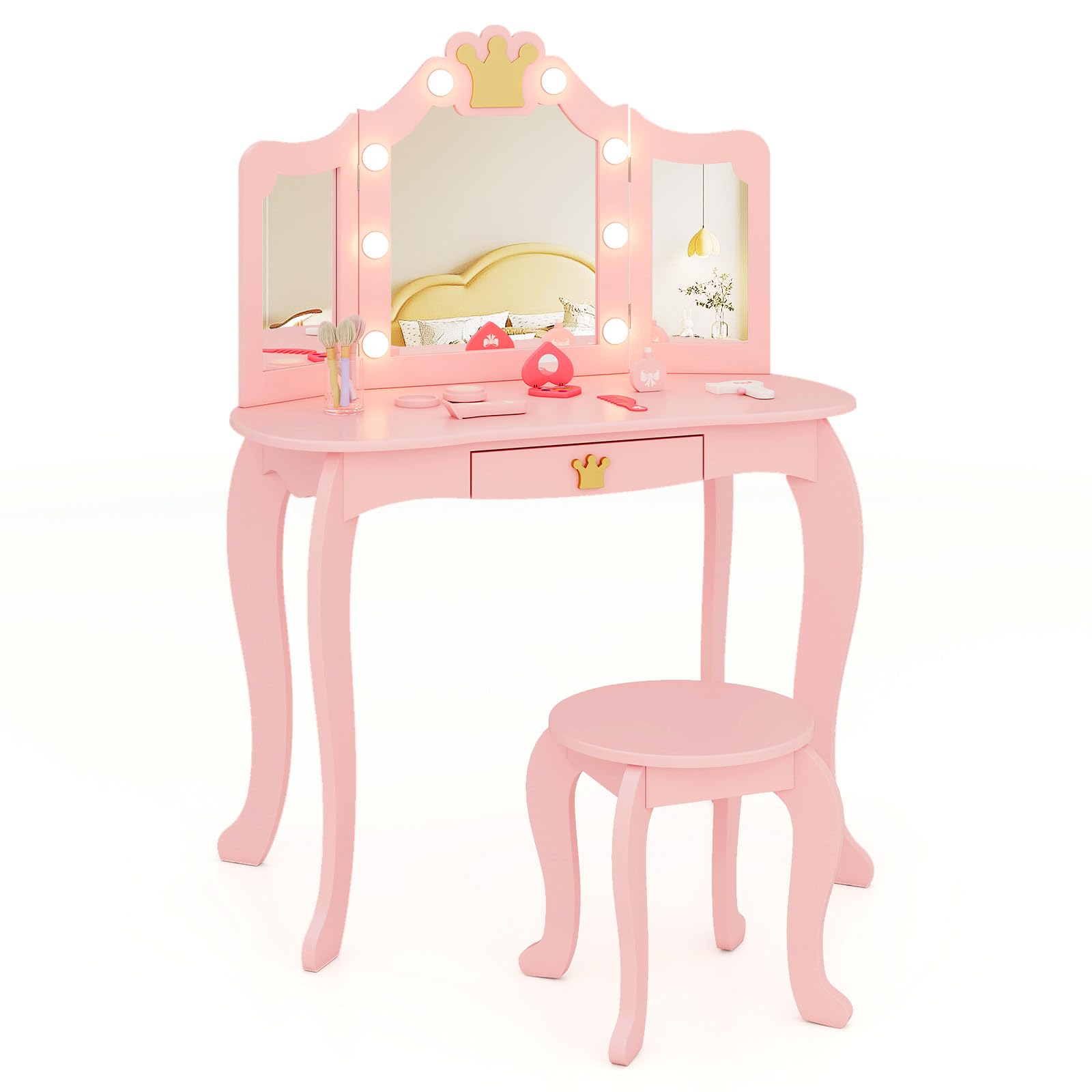 HONEY JOY Pink Kids Vanity Set with Lights - Wooden Makeup Table with Mirror & Stool for Little Girls, Toddler Princess Vanity for Pretend Play - Perfect Birthday Gift for Bedroom & Playroom Decor