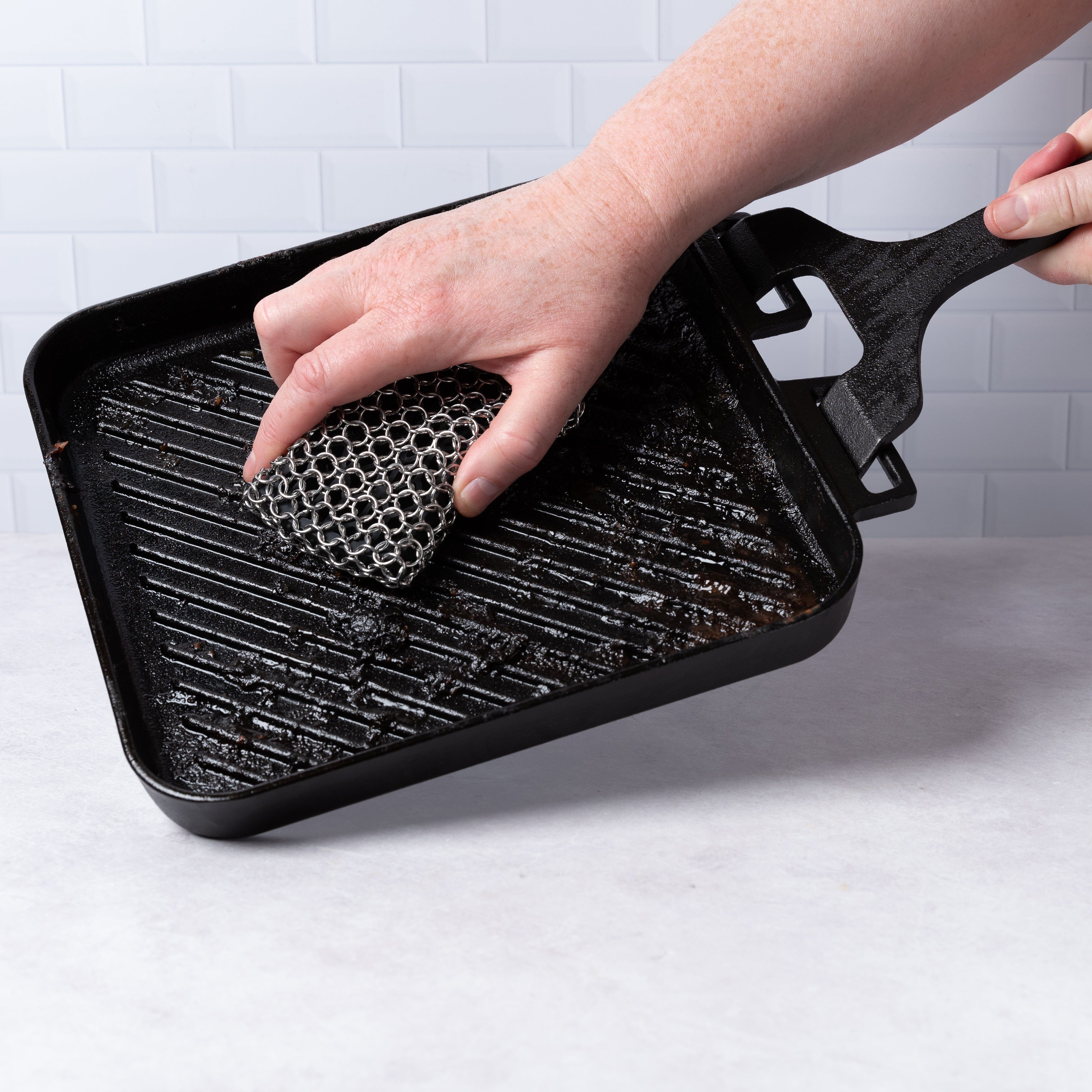 Best Cast Iron Scrubber for Pans & Cookware - Heavy Duty Rust-Free Cleaning Brush for Stovetop, Grill & Camping Use