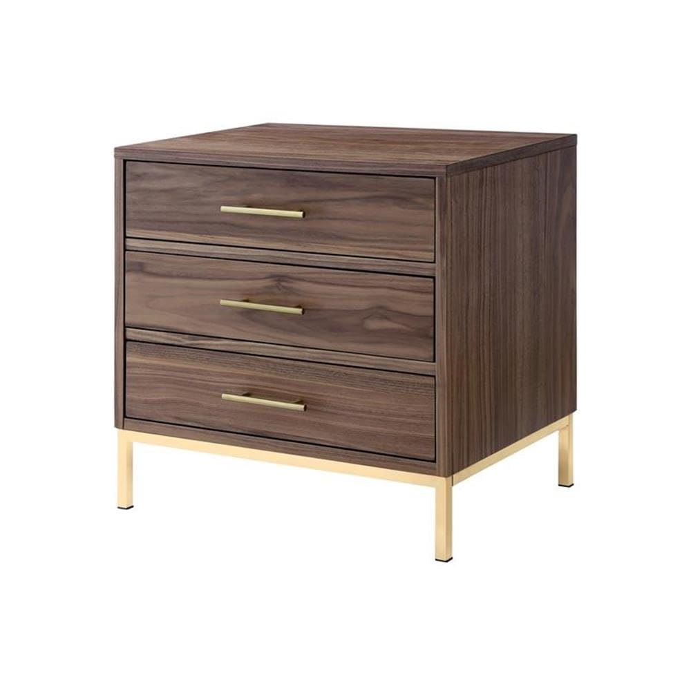 Stella 3-Drawer Nightstand with Metal Base in Walnut/Gold Finish - Modern Bedside Table for Bedroom, Living Room, or Office Storage