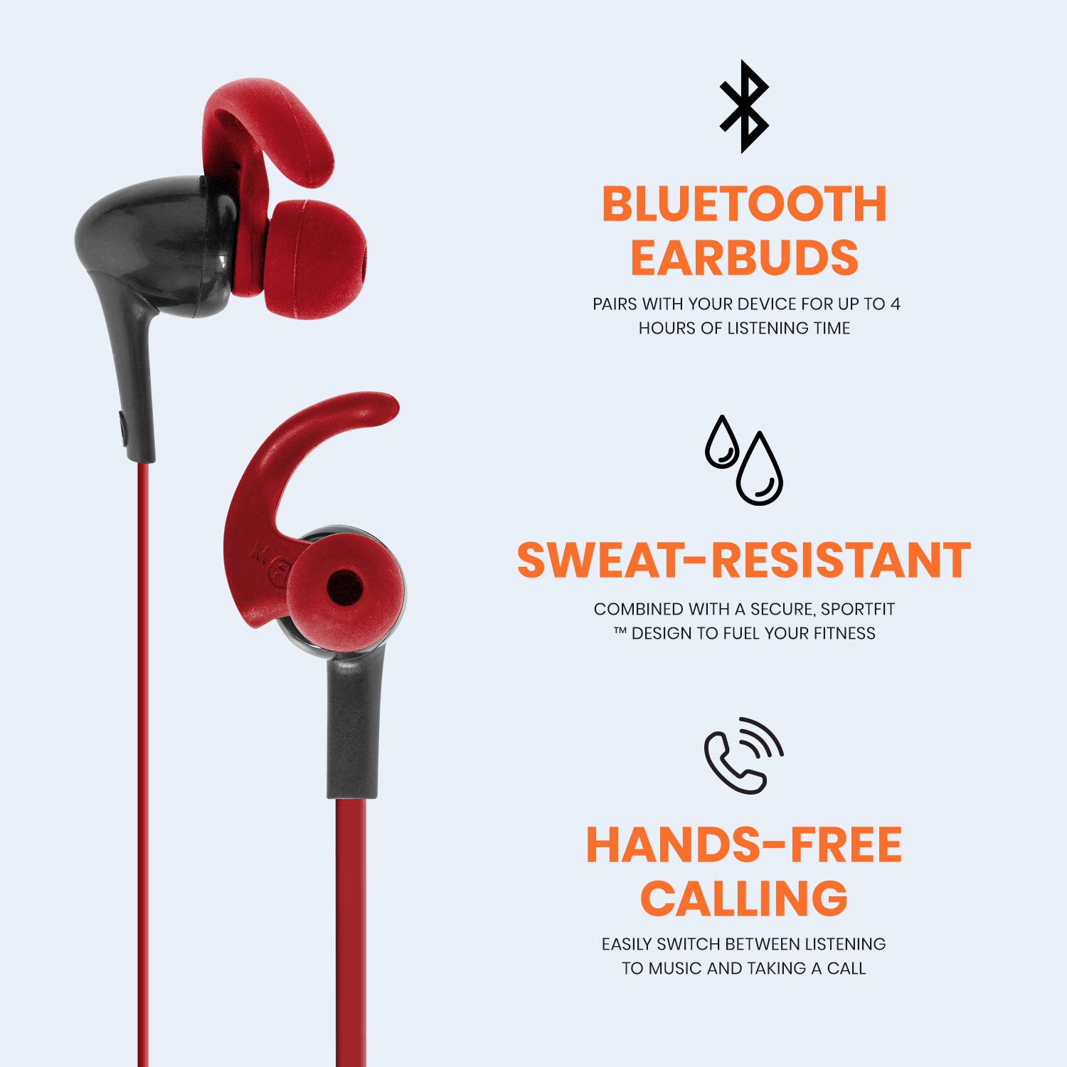 Helix Red Bluetooth Sports Earbuds - Wireless In-Ear Headphones with Secure Fit, Sweatproof, 12H Playtime for Running, Gym, Workout & Outdoor Activities