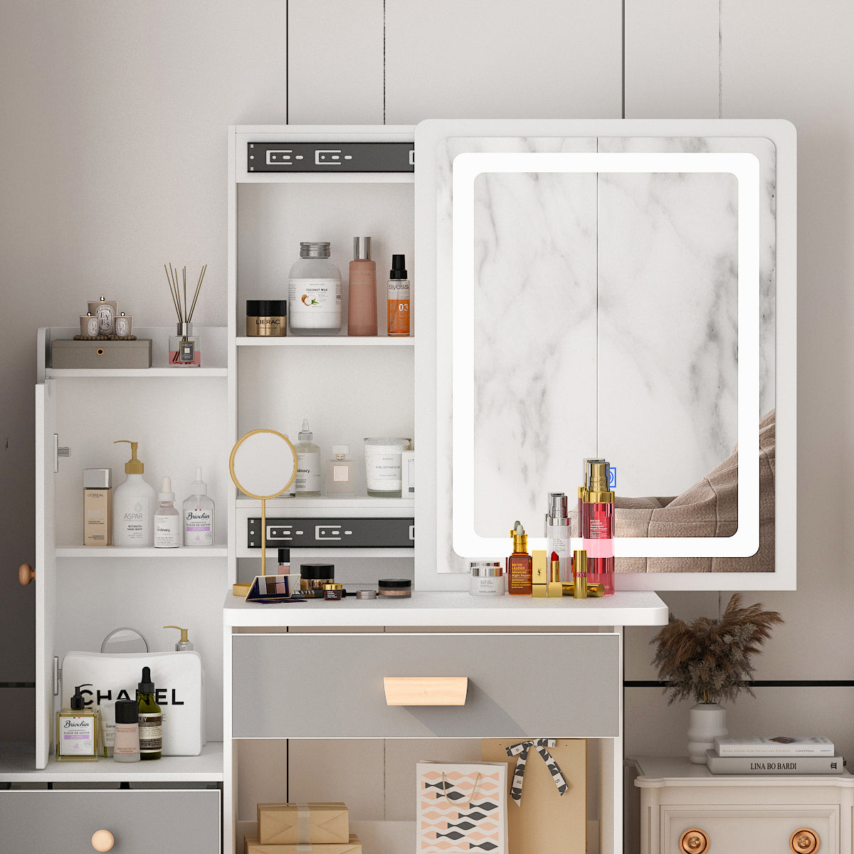 Vanity Set with Sliding Mirror, 4 Drawers & Shelves - Includes Cushioned Stool for Makeup & Dressing Room Organization - Perfect for Bedroom, Bathroom & Beauty Salon Decor