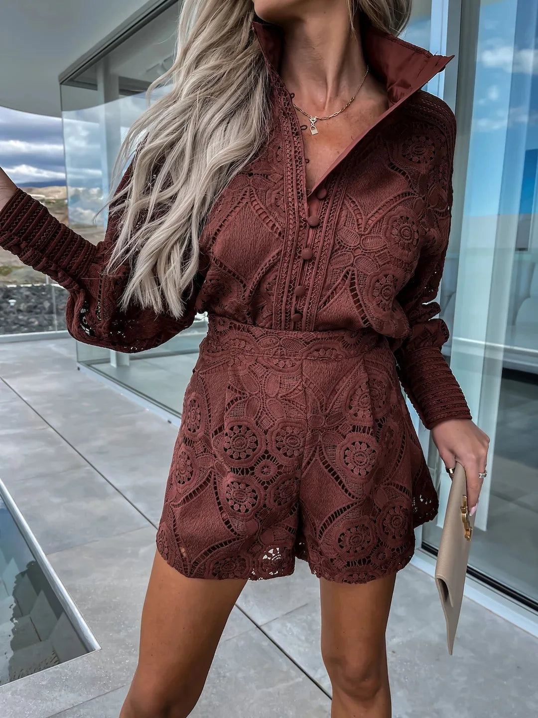 Vintage White Lace Women's 2-Piece Outfit - Elegant Shorts Set with Long Sleeve Top for Spring/Summer Casual Wear, Party, Date Night & Special Occasions