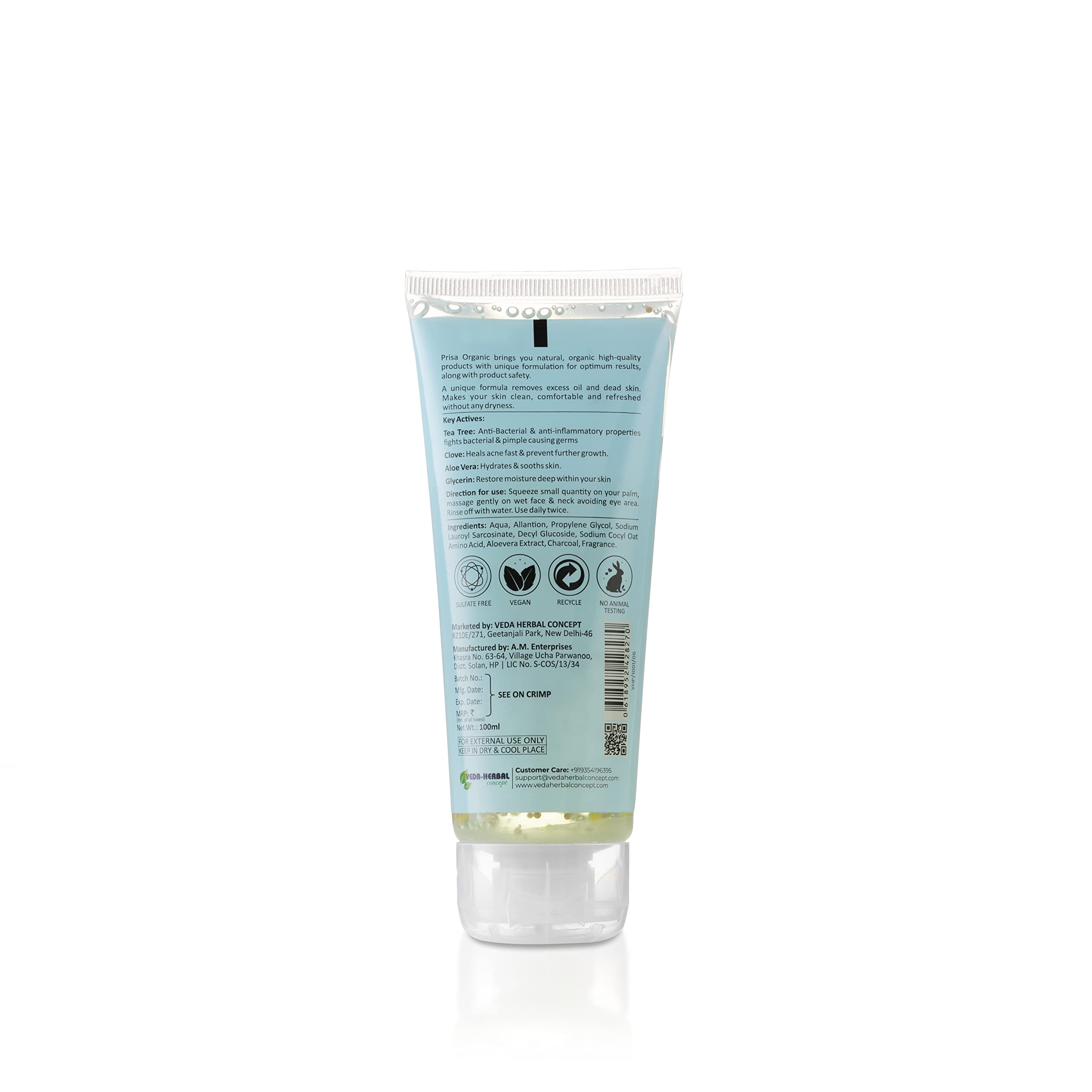 Prisa Organics Tea Tree & Clove Oil Balancing Face Wash for Oily & Sensitive Skin - 100ml | Anti-Bacterial Acne Treatment | Reduces Excess Oil & Prevents Breakouts | Gentle Daily Cleanser for Men & Women | Perfect for Morning & Night Skincare Routine