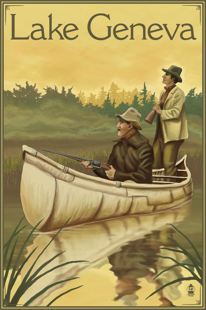 Lake Geneva Wisconsin Hunters in Canoe - 16x24 Gallery Quality Metal Wall Art, Aluminum Decor for Home & Office - Perfect for Rustic Cabin, Hunting Lodge & Outdoor Enthusiast Gifts