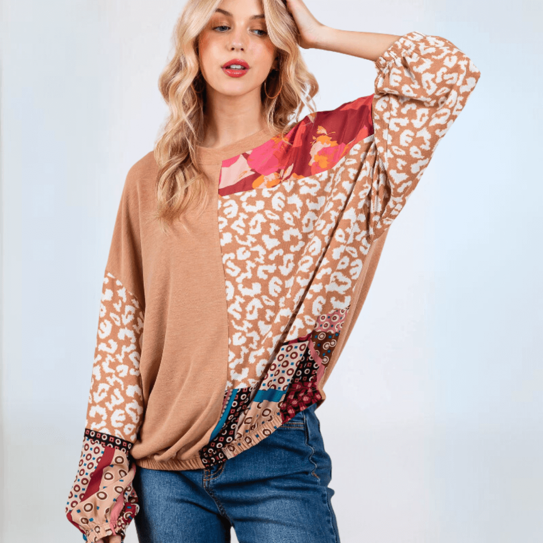Stylish Mixed Media Color Block Top | Made in USA | Perfect for Casual Outings & Layered Looks