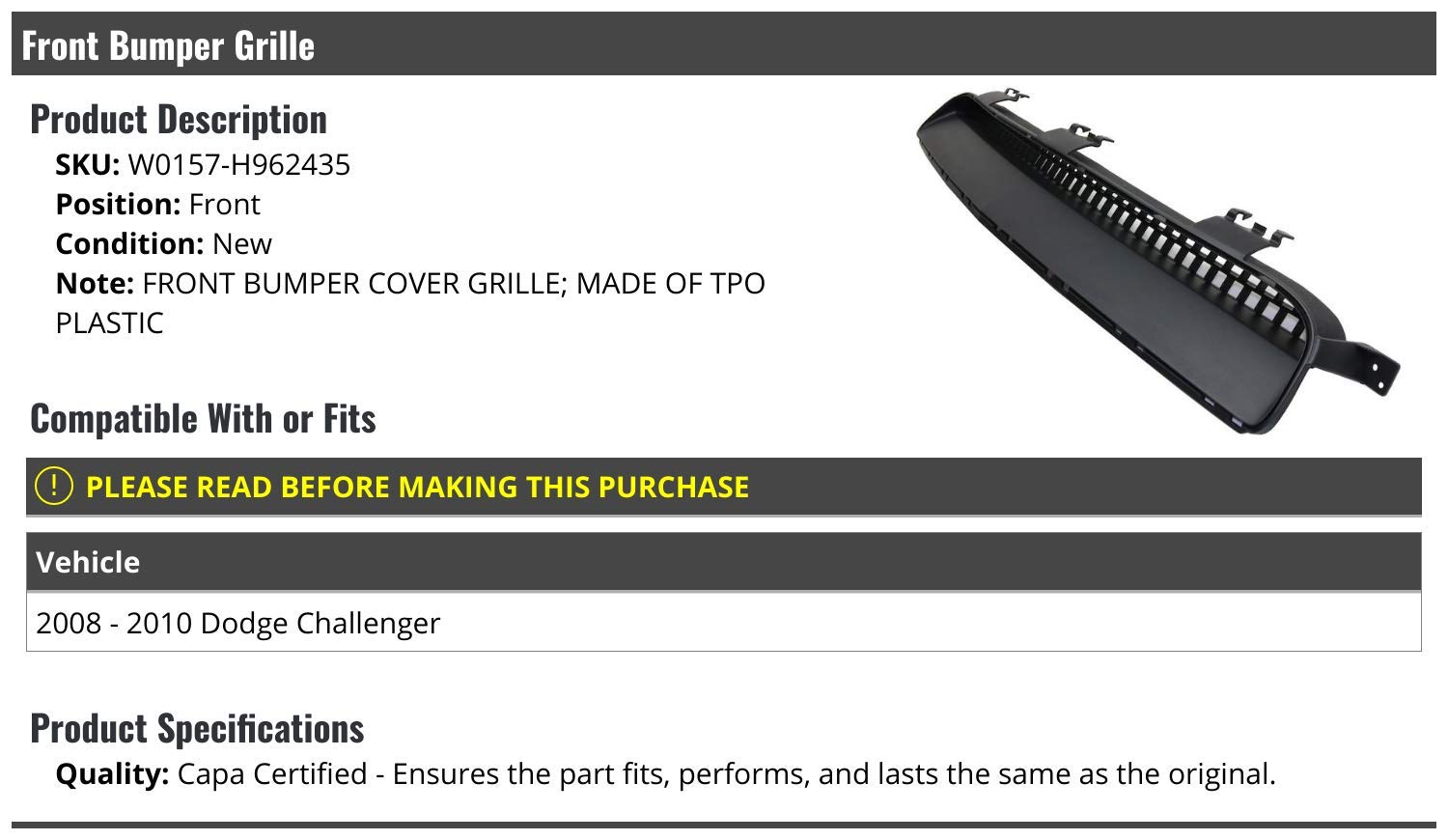 2008-2010 Dodge Challenger Front Bumper Cover Grille Replacement - Durable ABS Plastic, Easy Installation - Perfect for Car Restoration & Custom Upgrades